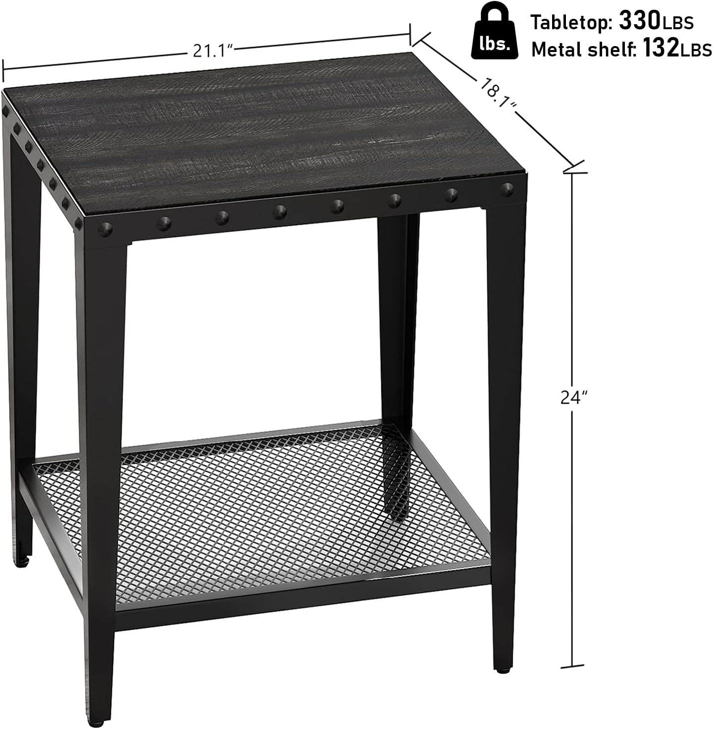 Allewie Rustic End Table for Living Room with Storage Shelf, Night Stand for Bedroom, 2- Tier Side Table with Rivet Design, Wood Look Accent Furniture, Sturdy, Easy Assembly, Black