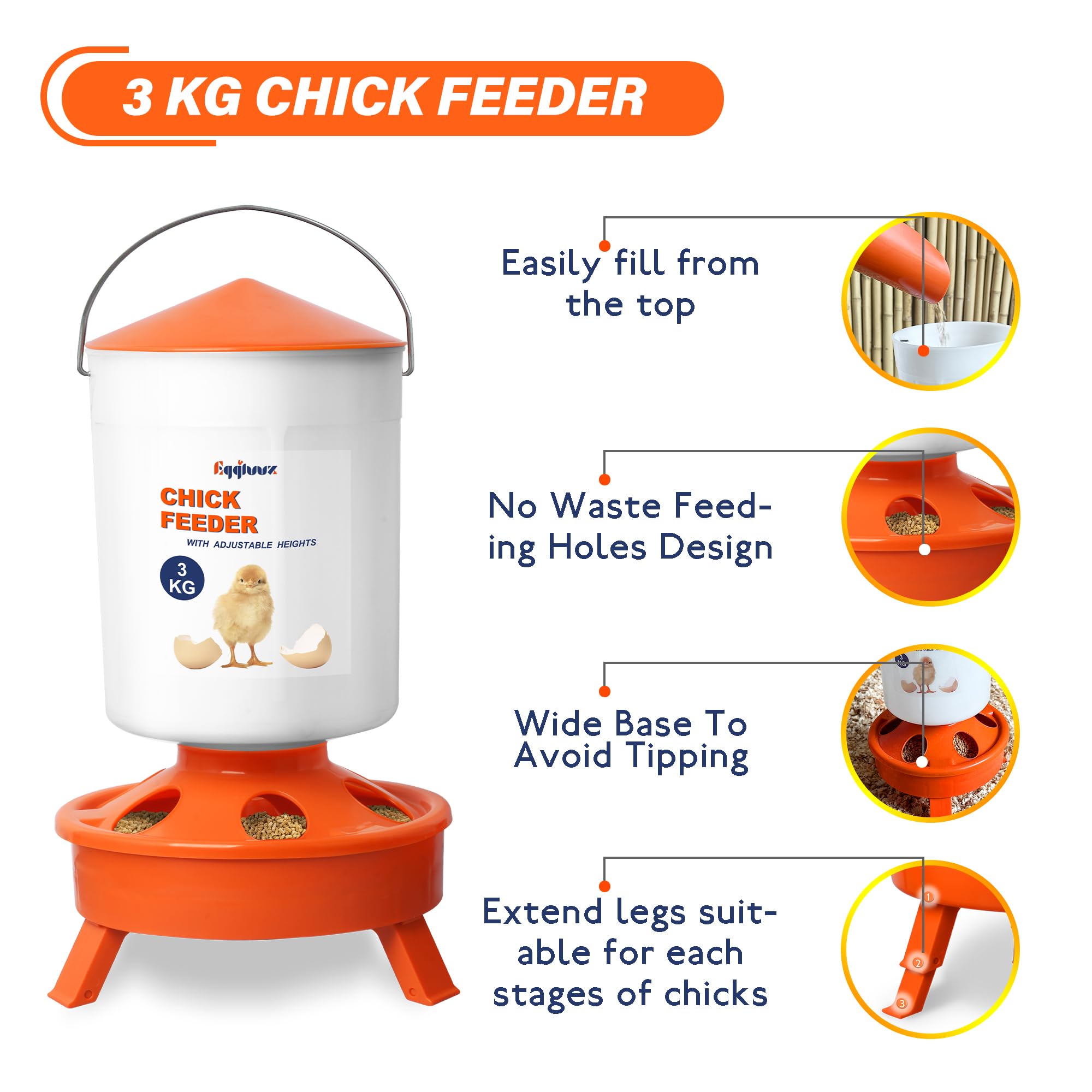 Eggluuz Kit de comedero y bebedero para pollitos, comedero para pollitos de 3 kg y bebedero para pollitos de 1,5 L con 3 alturas ajustables