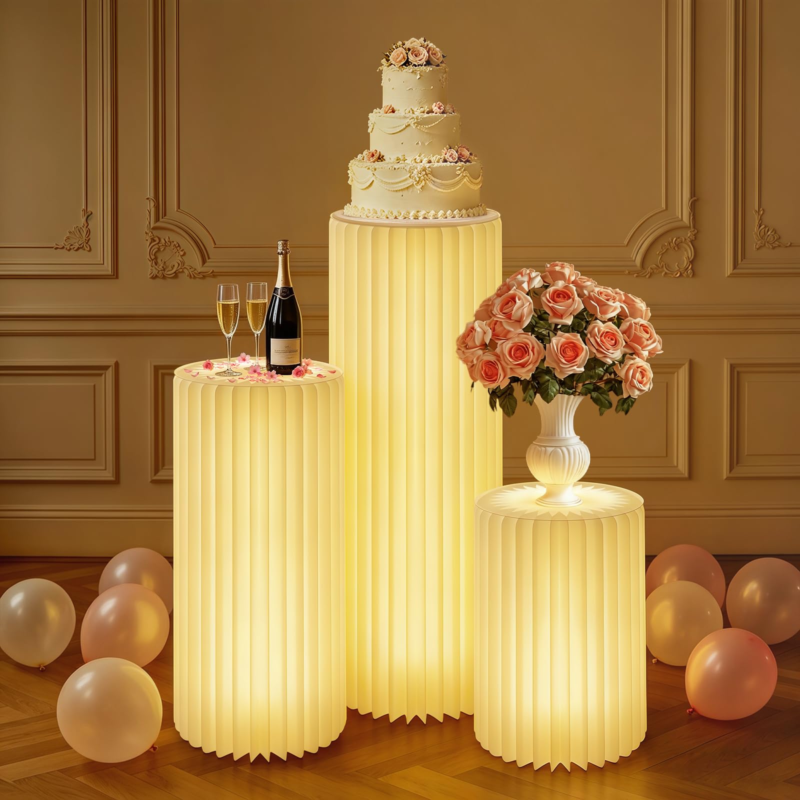 3 supporti cilindrici con luce per feste con piedistallo rotondo leggero supporto cilindrico piedistallo pieghevole in cartone colonne cilindriche tavoli per baby shower compleanno matrimonio