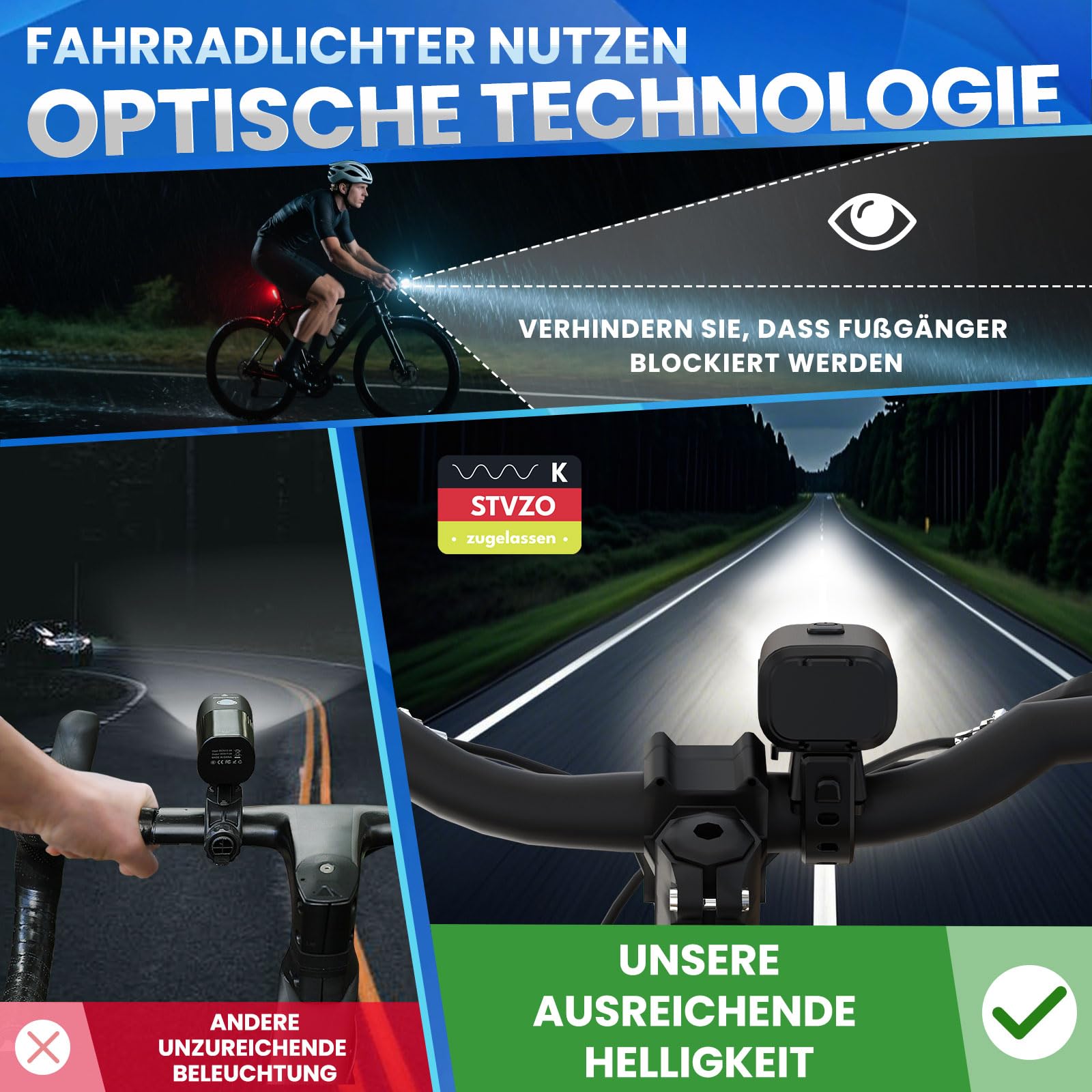 Set di luci per bicicletta con funzione di lampeggiamento del freno, omologato StVZO, luce della ruota a LED per bicicletta, IPX5, impermeabile, luce anteriore e posteriore, luce per bicicletta