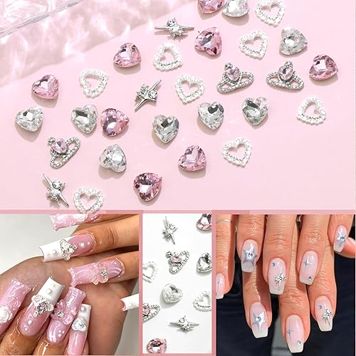 Miniatura 2 de RODAKY 40 dijes de uñas rosas 3D con forma de corazón para el día de San Valentín, plata con luz de estrella, decoraciones de uñas brillantes,
