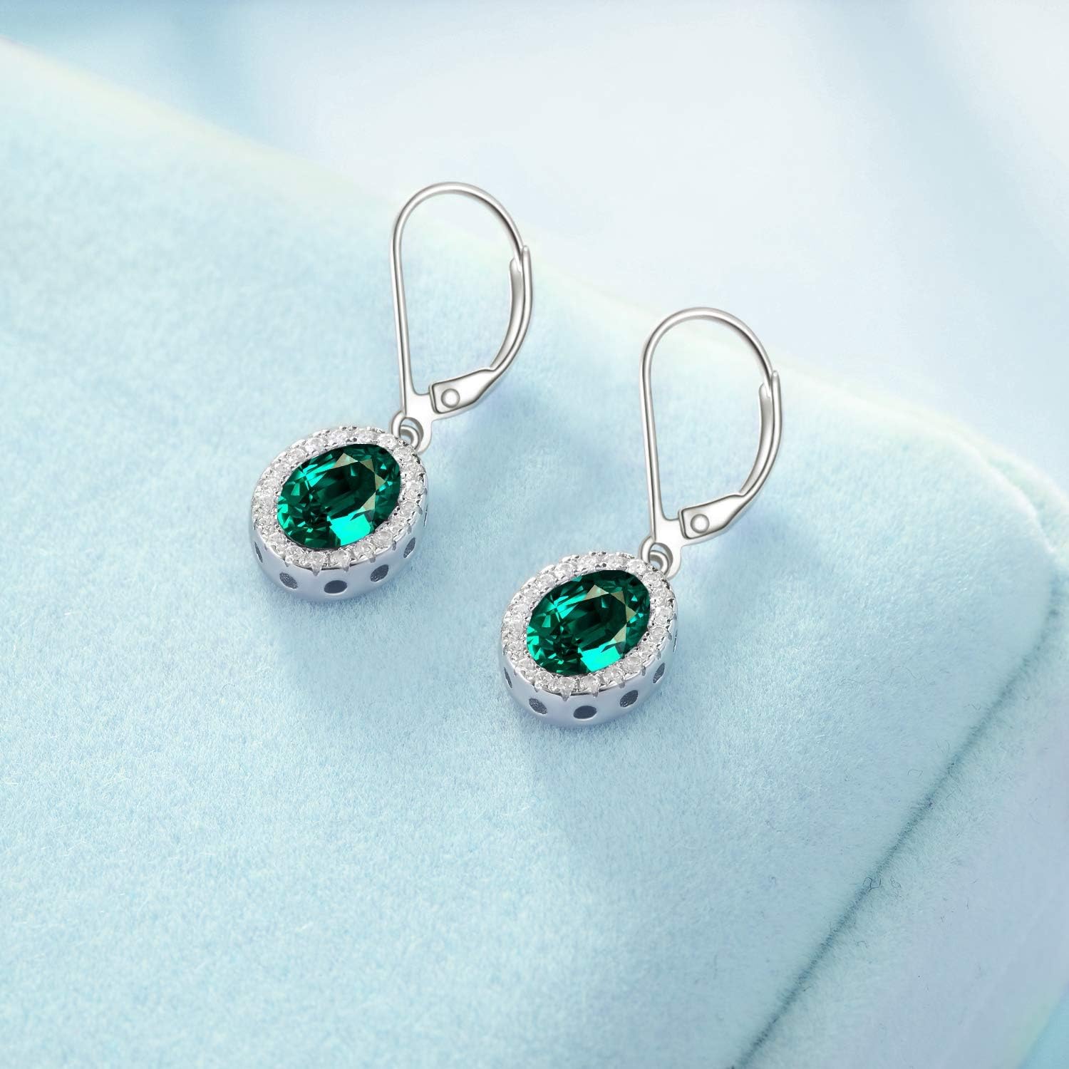 AOBOCO Oval Halo Sterling Silver Leverback Earrings, Embellished with Crystal from Austria, Hypoallergenic Dangle Drop Earrings, Fine Jewelry Gifts for Women