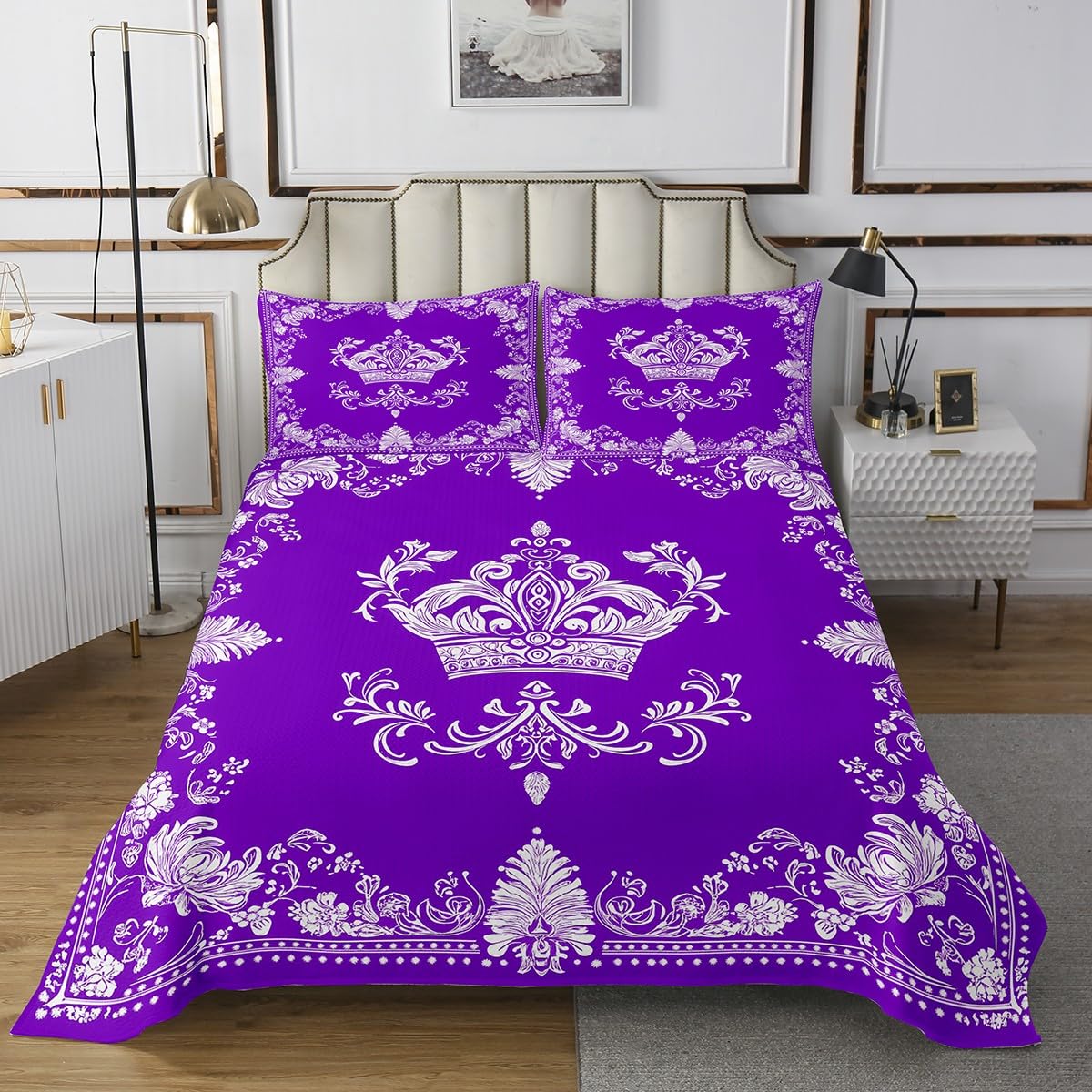 Castle Fairy White Damask Coverlet Set Queen Size,Crown and Lace Floral Print Durable Bedspread for Girls Teens,Vintage Gothic Boho Plaid Purple Soft Polyester Quilt Set, with 2 Pillowcases