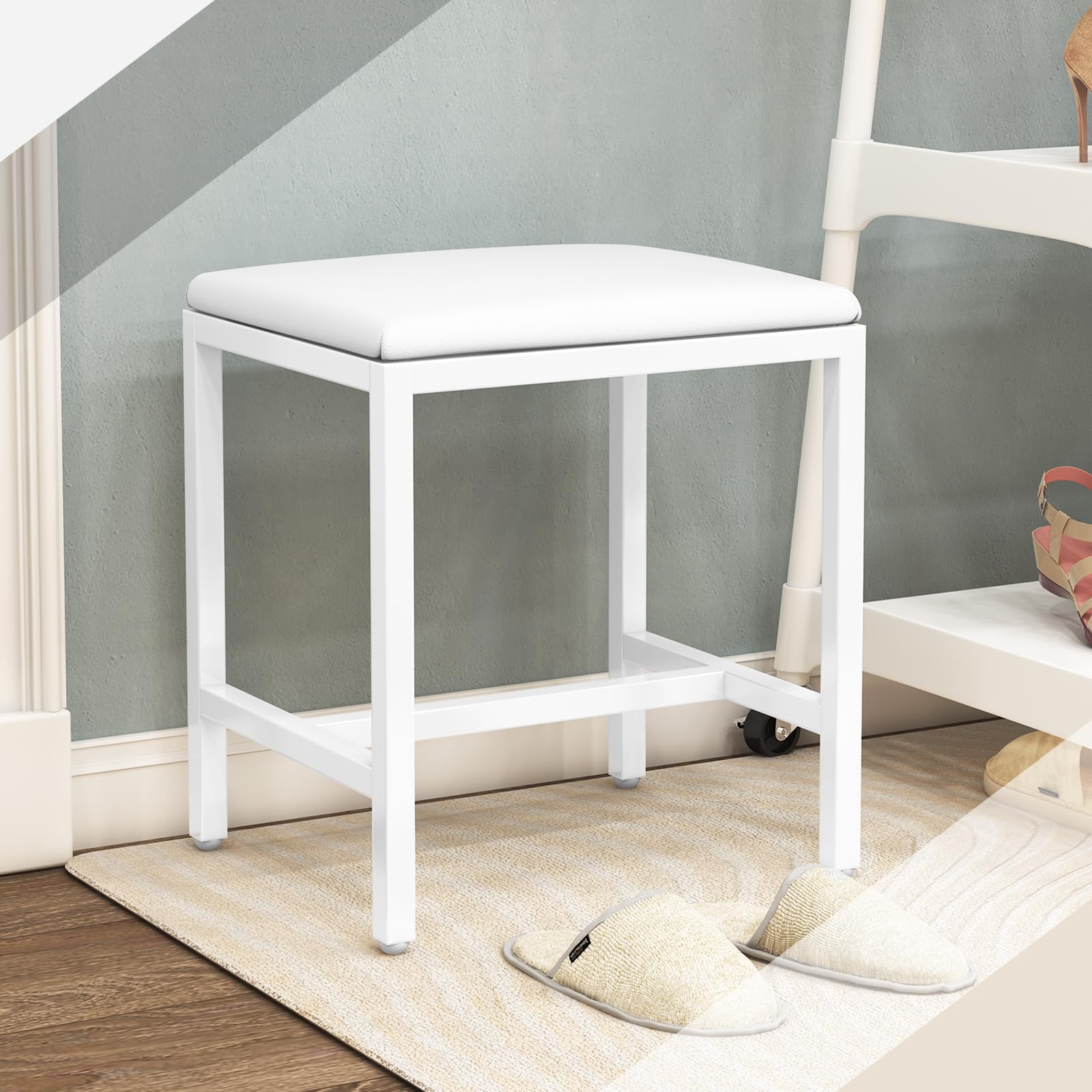 Sgabello da trucco bianco con cuscino, moderno sgabello cosmetico per camera da letto, sgabello imbottito Vanity, poggiapiedi per divano, sedia trucco