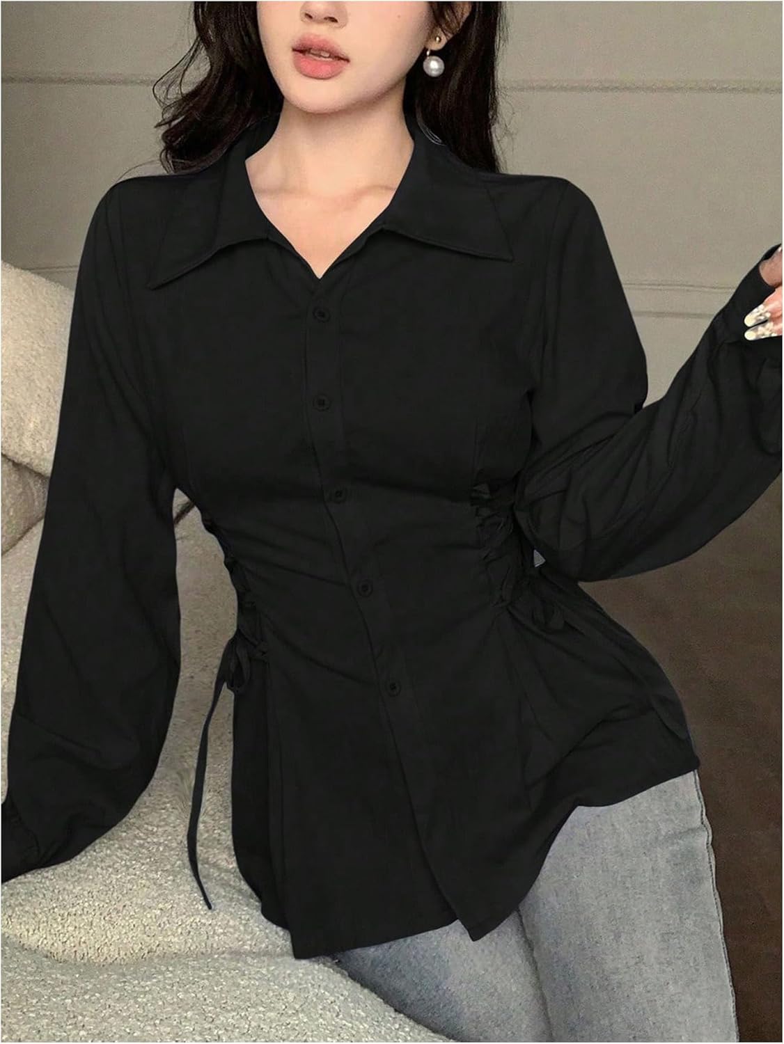 WDIRARA Women's Lace Up Side Button Down Shirts Long Sleeve Collared Blouse Peplum Tops - Image 6