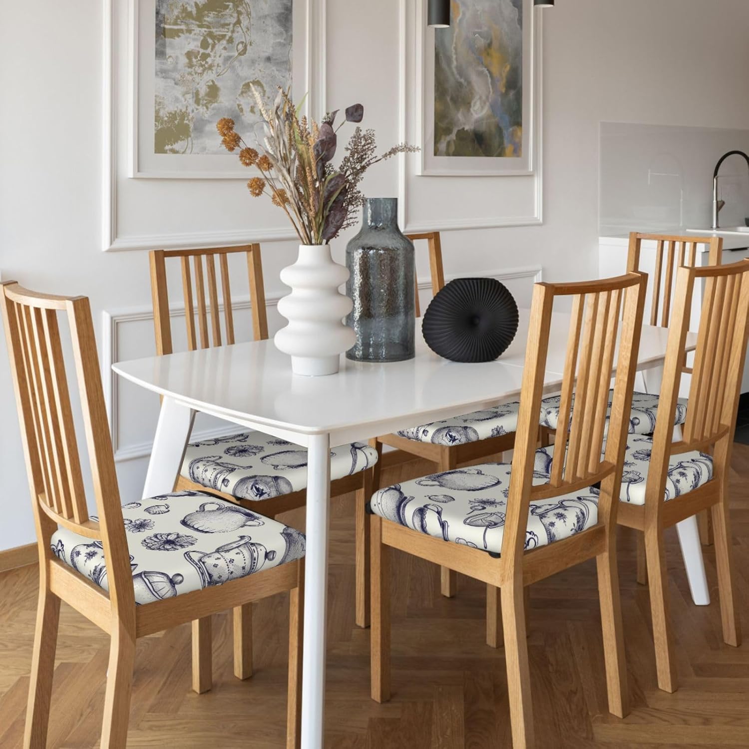 Hand Drawn Teapots and Cups Print Square Cushion Covers 6 Pcs Set Elastic Non-Slip Seat Cushion Slipcovers Pet Furniture Protectors for Chair, Sofa