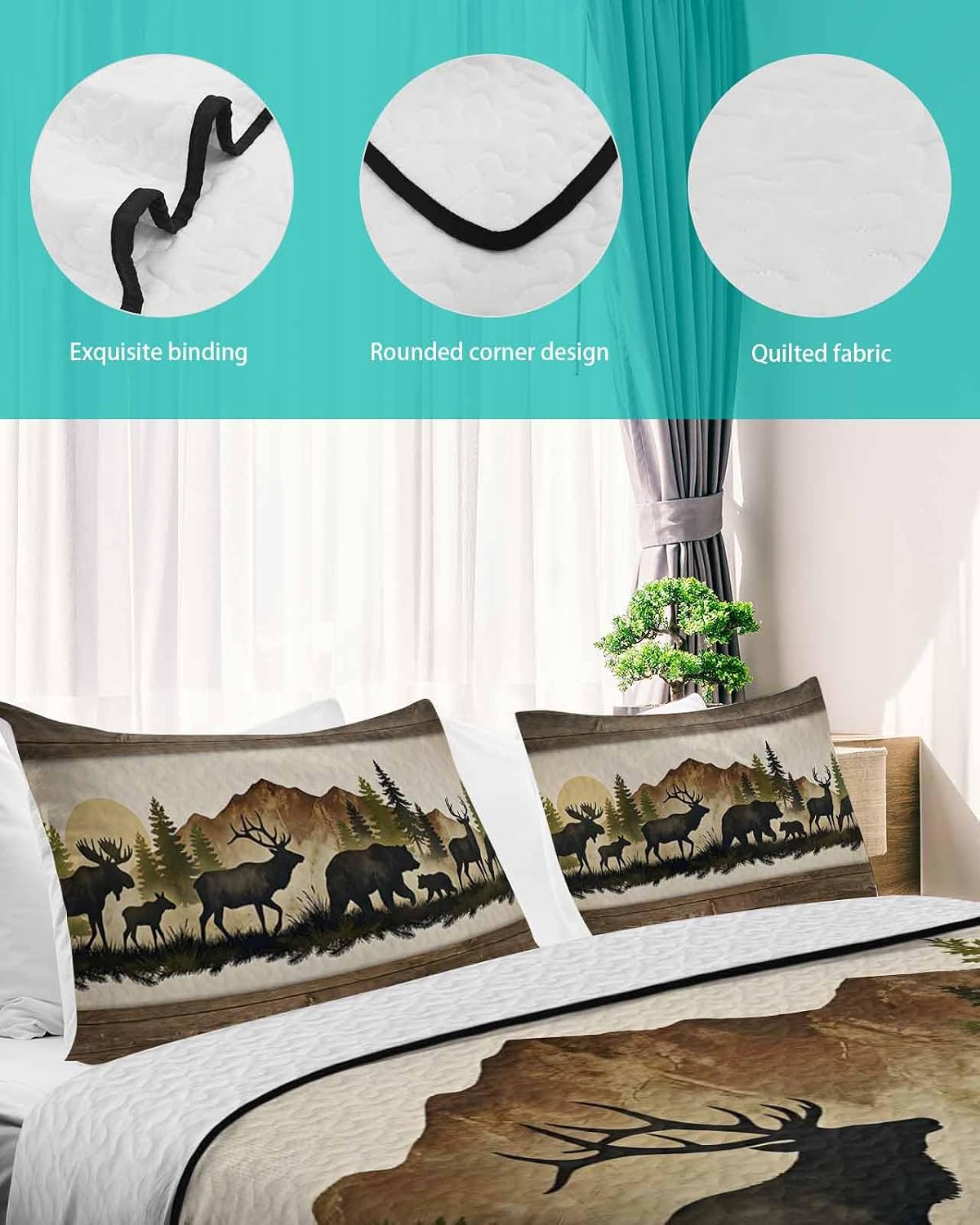 Full Size Quilt Set, Animal Elk Bear Silhouette Lightweight Bedspread Coverlet Set Soft Microfiber Summer Quilt with 2 Pillow Shams, Mountain Range Forest 3 Piece Comforter Bedding Set