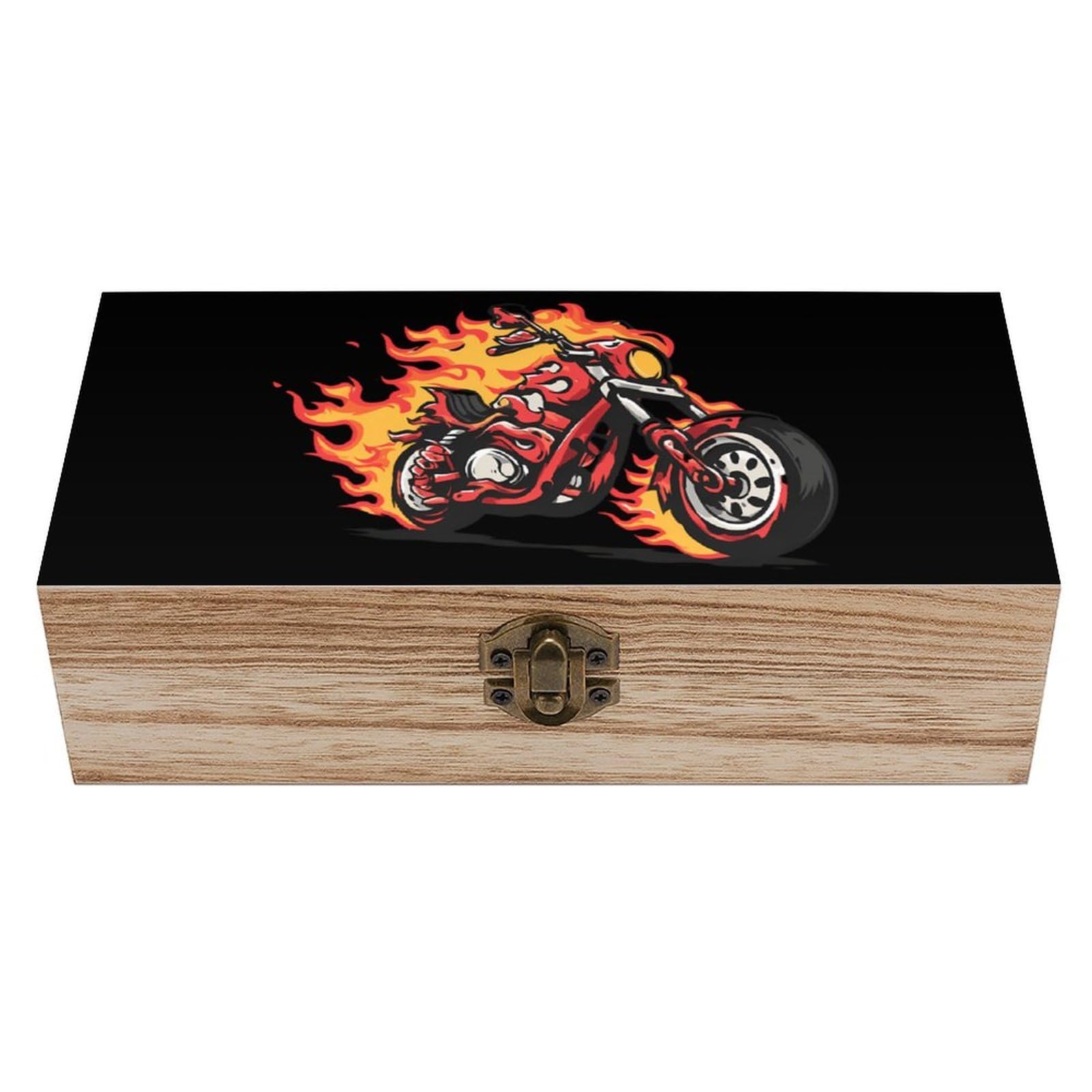 HLBSDM Fire Motorcycle Wooden Box with Hinged Lid Decorative Storage Case Container