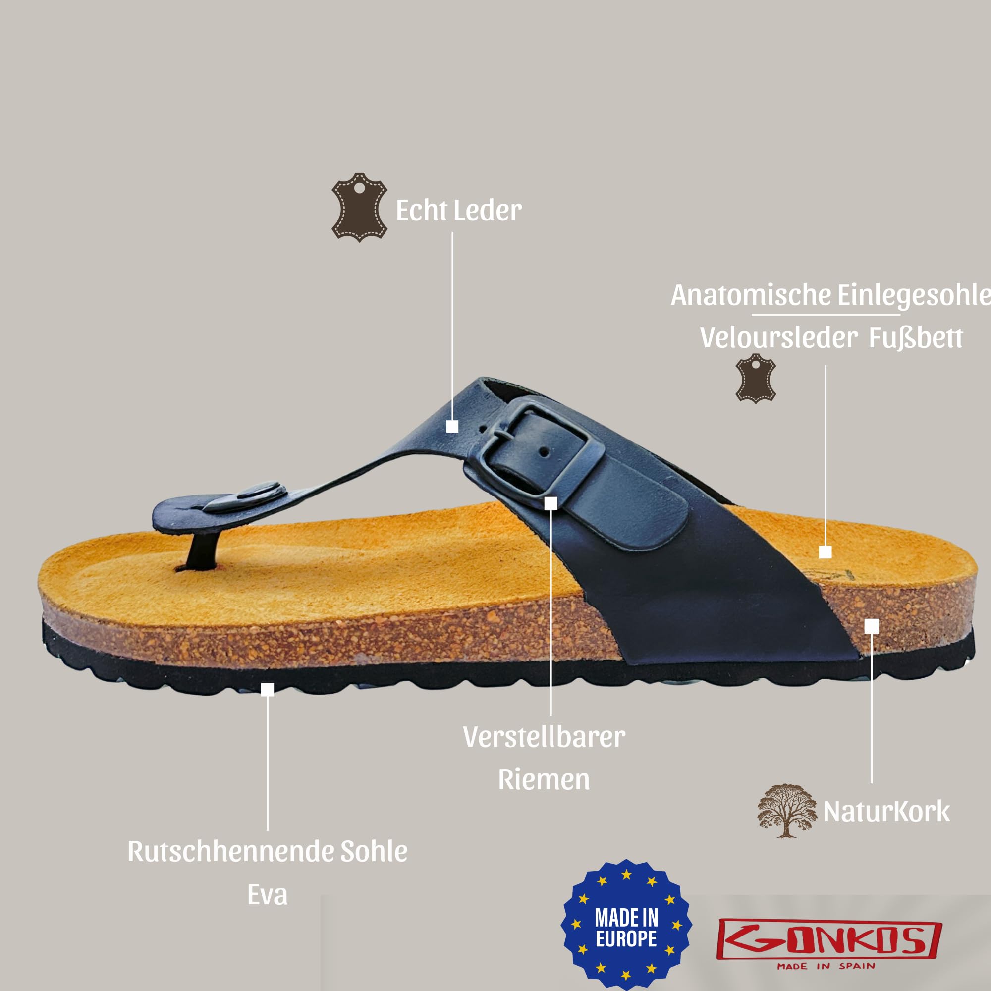 Ledersandale, anatomische Kork-Einlegesohle, echtes Leder, Naturkork, verstellbare Schnalle am Fuß, Unisex Zehentrenner, Qualitätssandale Made in Spain, Farbe Schwarz, Größe 46