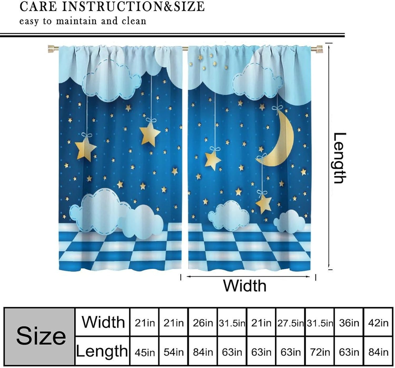 Kids Night Blackout Curtains,Cartoon Cloud Cute Sky Moon Star Pattern Drapes Window 2 Panel Rod Pocket Curtain for Girls Boys Baby Bedroom Nursery Decor 21" W X 45" L
