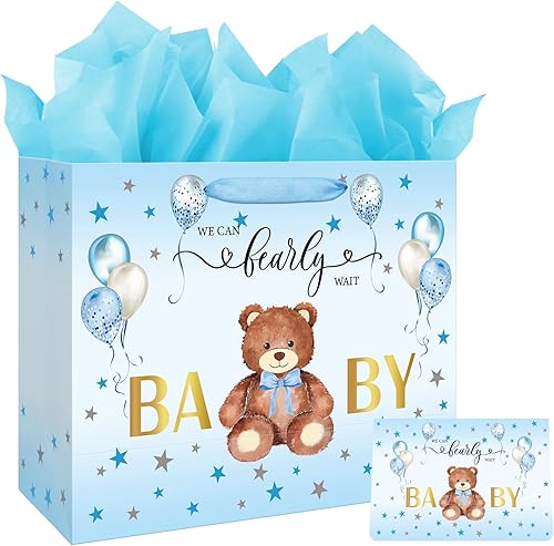 Miniatura 7 de Bolsa grande de regalo de cumpleaños para baby shower de 13 pulgadas para niña con papel de seda y tarjeta, globos rosados, diseño de oso con asas
