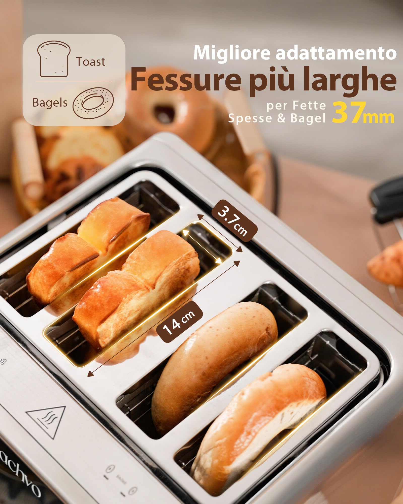Tostapane 4 fette con touchscreen e timer conto alla rovescia – tostapane lungo in acciaio inox con 2 zone di temperatura indipendenti, fessure extra larghe da 3,7 cm, 6 programmi