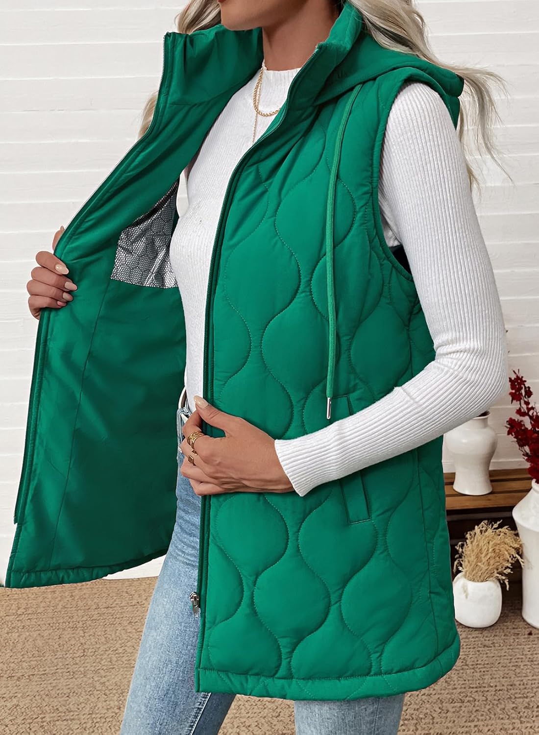 EVALESS Long Puffer Vest Women Sleeveless Hooded Puffer Jacket Lightweight Quilted Jackets Winter Warm Zip Up Coat Outerwear - Image 5