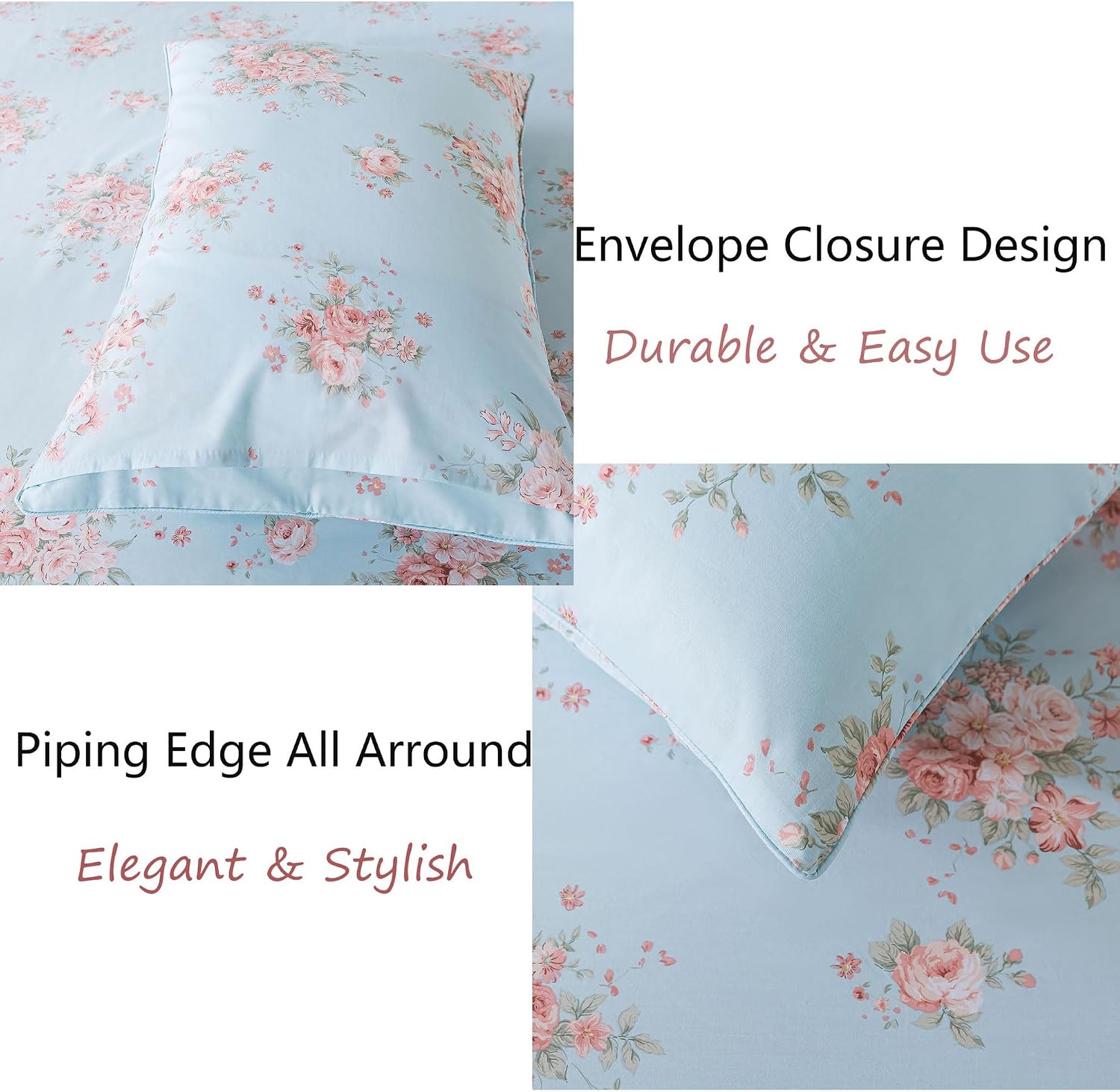 FADFAY Sheets Set Queen Blue Rose Floral Bedding Rustic Peony Flower Bed Sheet Set Vintage Farmhouse Bedding 100% Cotton Ultra Soft Breathable Beddings with Deep Pocket Fitted Sheet 4Pcs, Queen Size