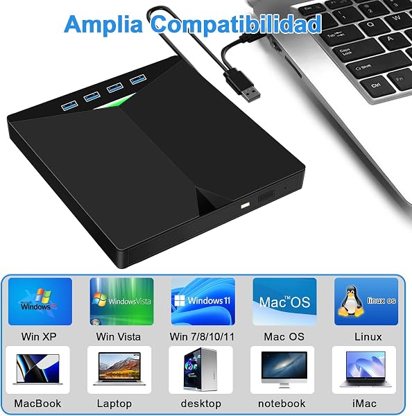 Lector CD Externo para PC, Superdelgado Grabadora DVD Externa Unidades USB 3.0 y USB-C Portátil -RW/ROM Estable para Laptop, Desktop, Windows XP/7/8/10/11/Vista/Linux/MacOS - 5