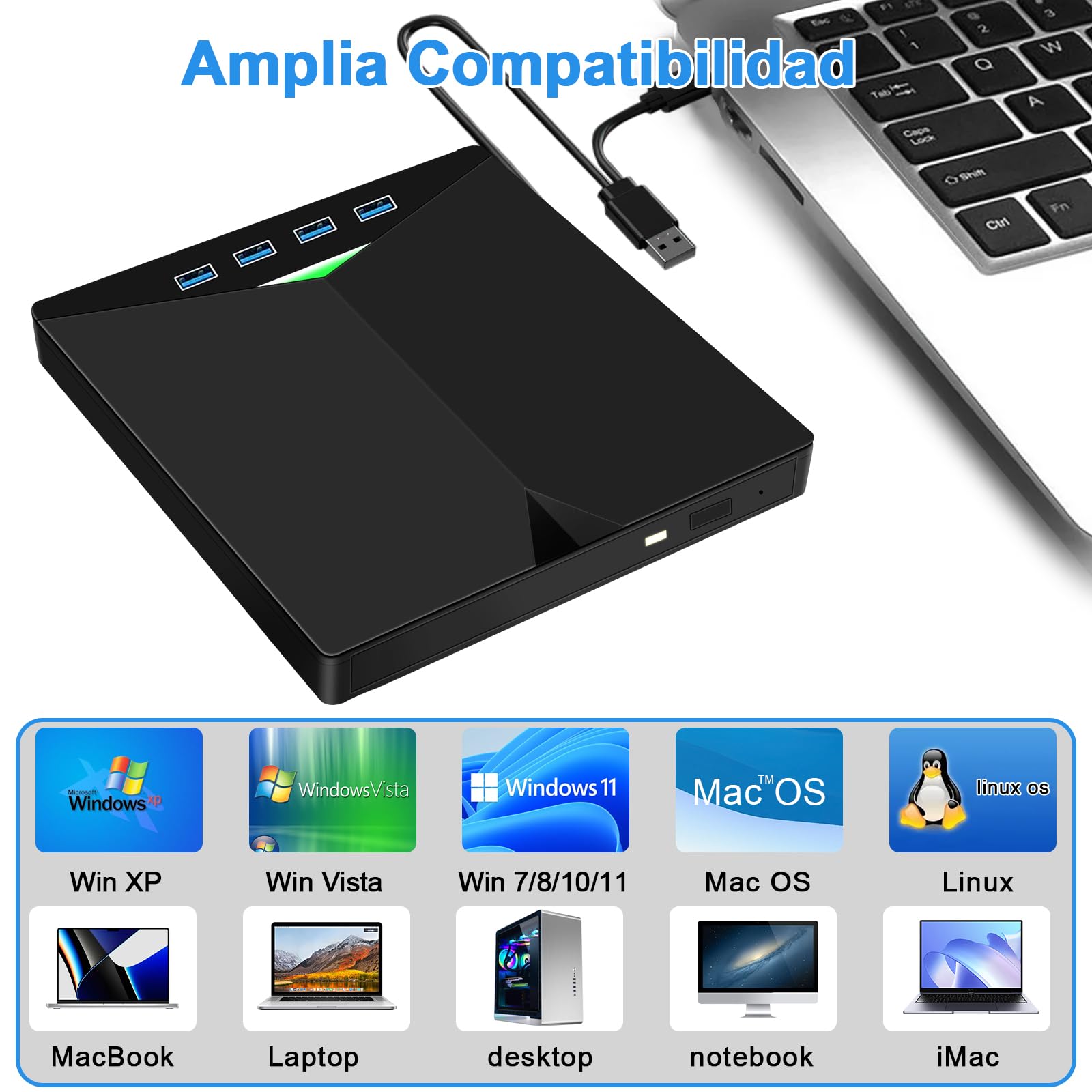Lector CD Externo para PC, Superdelgado Grabadora DVD Externa Unidades USB 3.0 y USB-C Portátil -RW/ROM Estable para Laptop, Desktop, Windows XP/7/8/10/11/Vista/Linux/MacOS