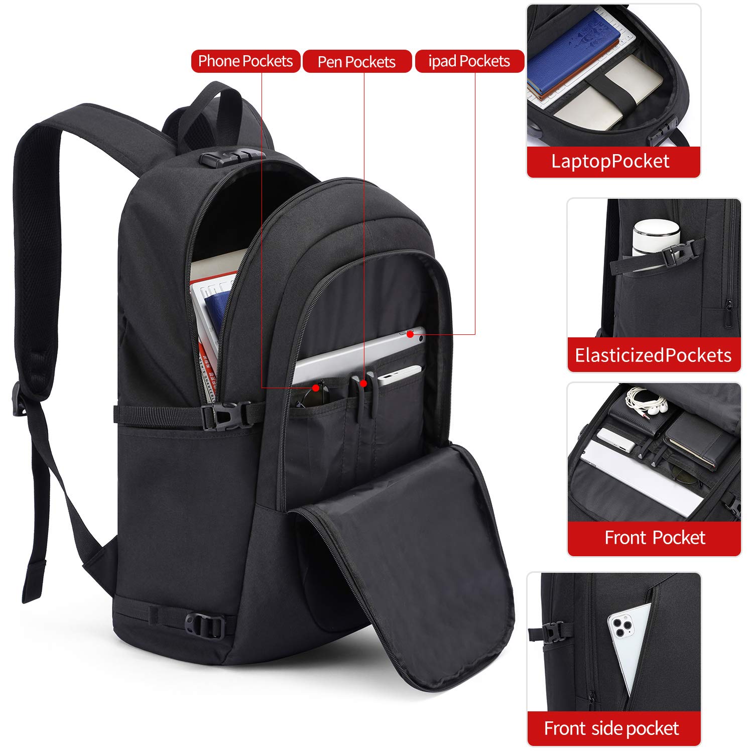 Zaino Uomo 17.3 Pollici Zaino Antifurto Impermeabile Grande Zaino per Laptop,Zaino Porta PC ,Zaino per Computer con Caricatore USB,Zaino Lavoro Uomo per Viaggio Ufficio Scuola Università - Nero