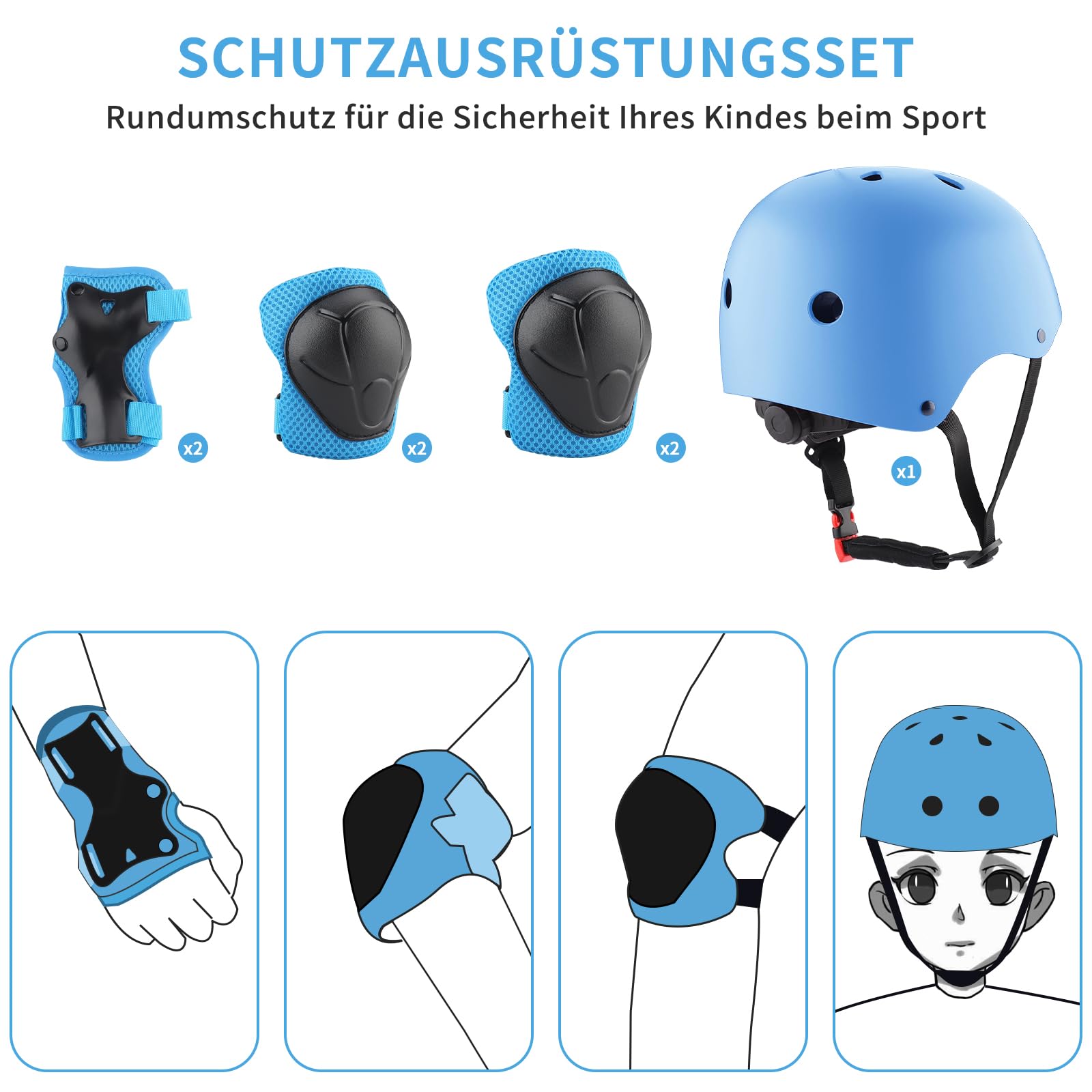 ZWOOS Ginocchiere per bambini con casco, set di protezioni per bambini 3-10 anni