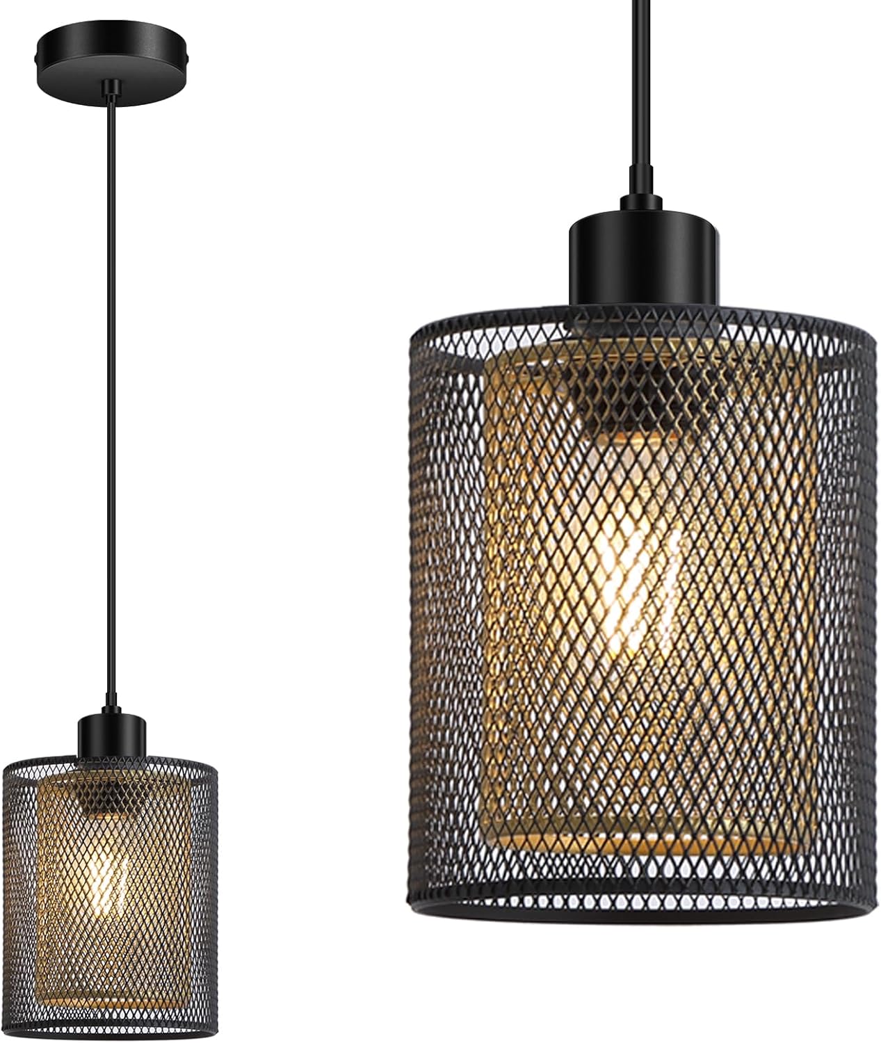 AUQUEE Industrial Pendant Light for Kitchen Island, Black and Gold Double Layer Mesh Hanging Lamp, Adjustable Mini Ceiling light Fixture for Dining Room Sink Bar, Modern Farmhouse Metal Cage, E26 Base