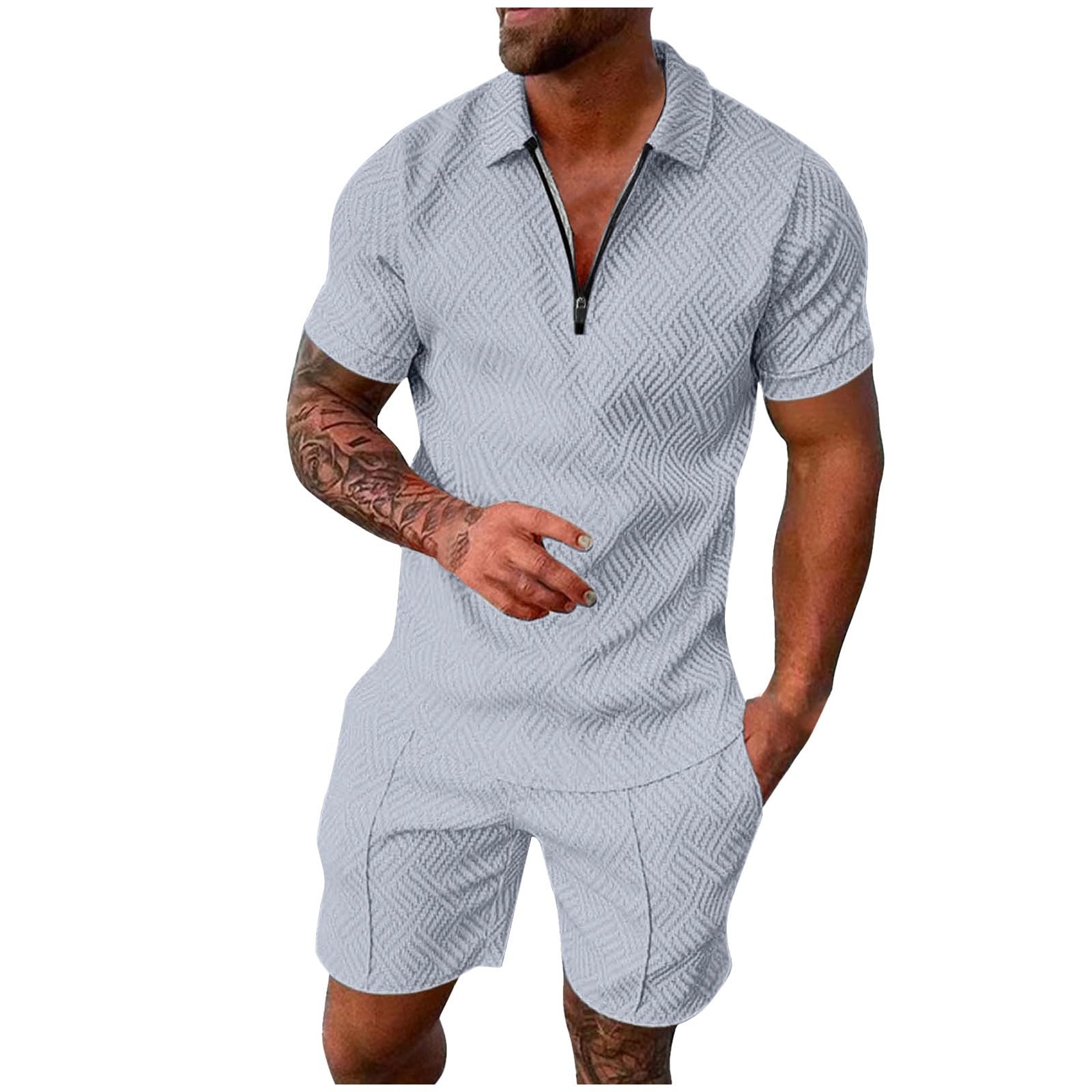 Costume deux pièces décontracté pour hommes ensemble court imprimé rayé avec haut à manches courtes zippé et poche à cordon de serrage