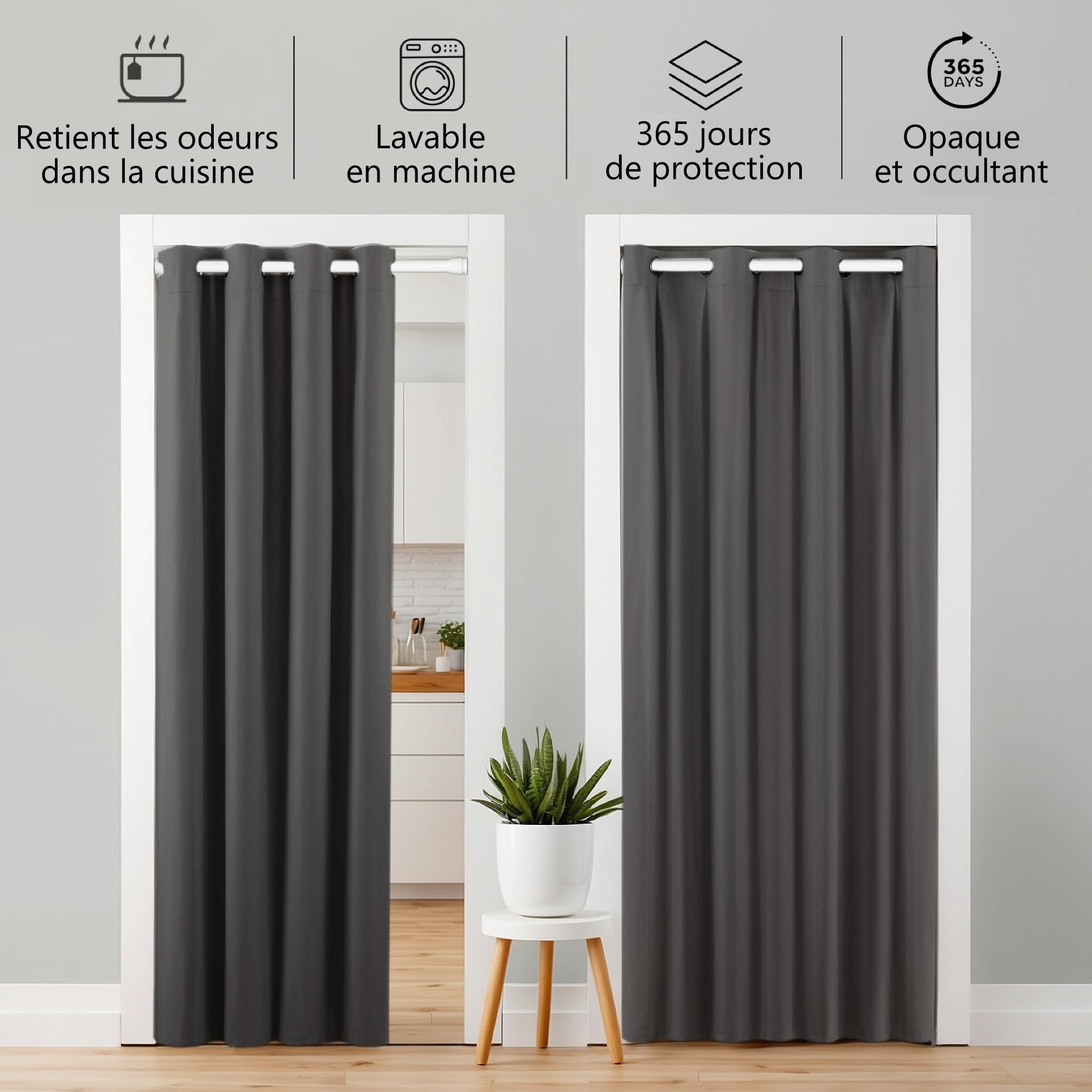 Rideau de porte avec tringle télescopique, montage facile en seulement 1 minute sans perçage (rideau de porte anthracite + barre de serrage blanche - Rideau 210 x 150 cm (H x l) + barre 70-120 cm