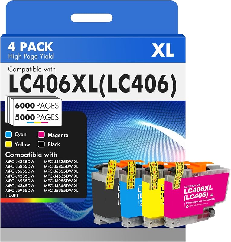 LC406 LC406XL Ink Cartridges for Brother Printer MFC-J4335DW MFC-J5855DW | Compatible for LC 406XL 406 XL for Brother MFC-J6555DW MFC-J4535DW MFC-J6955DW MFC-J4345DW - 4 Pack Black Cyan Magenta Yellow