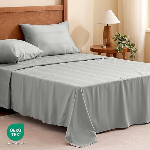 Miniatura 2 de Pure Cotton Sábanas  Juego de sábanas de 4 piezas, ligero y transpirable, tamaño King, ropa de cama de lujo con rayas de satén Dobby con sábana