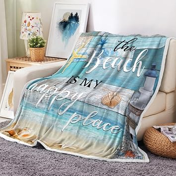 Coastal Ocean Beach Throw Blanket, Summer Blue Seashell Starfish Throw Blanket, Super Warm Cozy Microfiber Flannel Blanket for Couch Chair Sofa Bed Home Outdoor Beach Travel