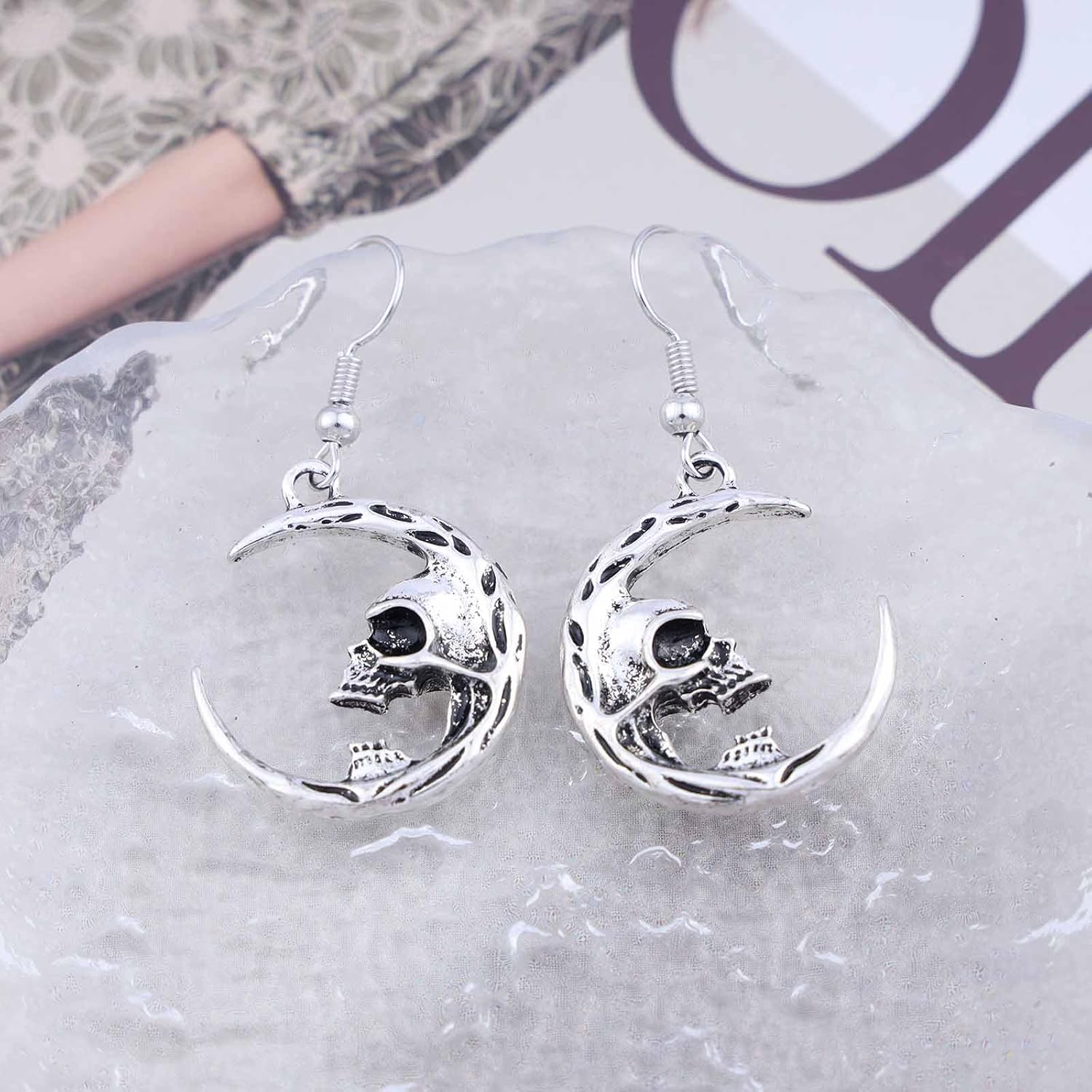 Punk Skull Crescent Dangle Earrings Silver Skeleton Moon Drop Earrings Gothic Skeleton Hook Earrings Skull Tusk Moon Earrings Jewelry for Women Gifts - Image 5