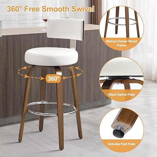 Miniatura 5 de Bekrvio Juego de 3 taburetes de bar giratorios de piel sintética, taburetes de cocina tapizados con respaldo, patas de madera de nogal, sillas de