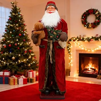 Dancing Santa Animatronic with Gift Sack and Teddy bear, Motion Activated Christmas Decoration with Music, Indoor Animated Holiday Home DecorA