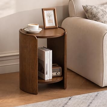 Walnut Wood 2 Tier Side Table, 15.5" Round End Table with Storage Shelf