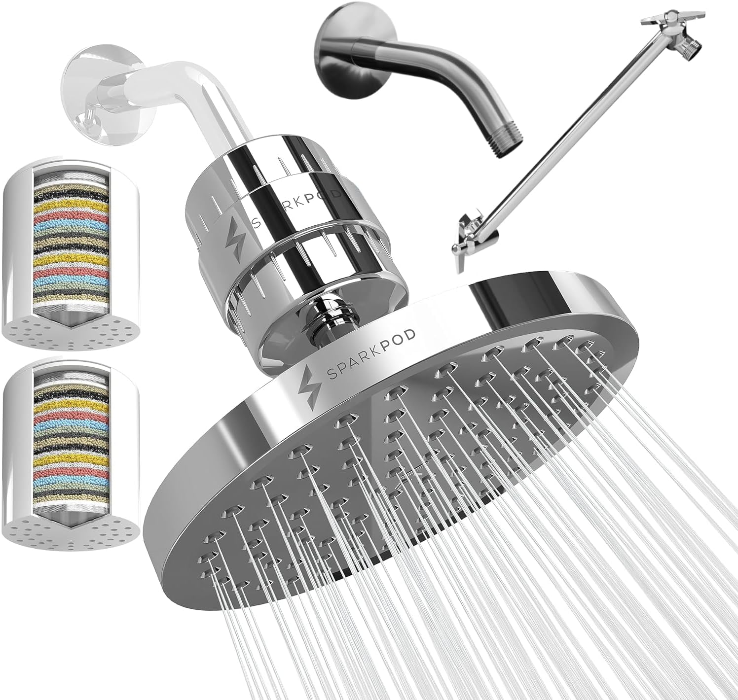 SparkPod Luxury Filtered Shower Head Set 23 Stage Shower Filter with 1 Extra Filter, Shower Arm and Extension - Removes Chlorine - High Pressure Showerhead Filter (8" Round, Luxury Polished Chrome)