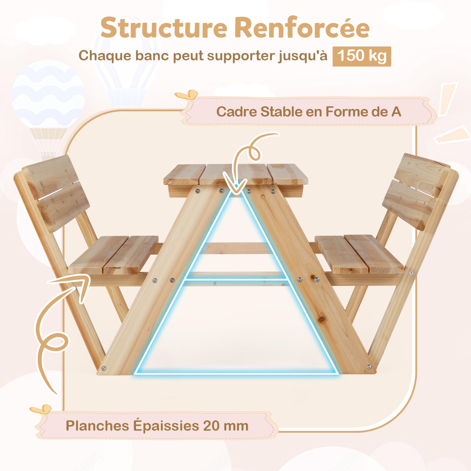 COSTWAY Table de Pique-Nique Enfant avec 2 Bancs, Table de Jardin Extérieur en Bois Sapin avec Dossier, Mobilier d’Activités pour Jardin Terrasse Patio pour 4 Enfants de 3 Ans+, Charge 150kg