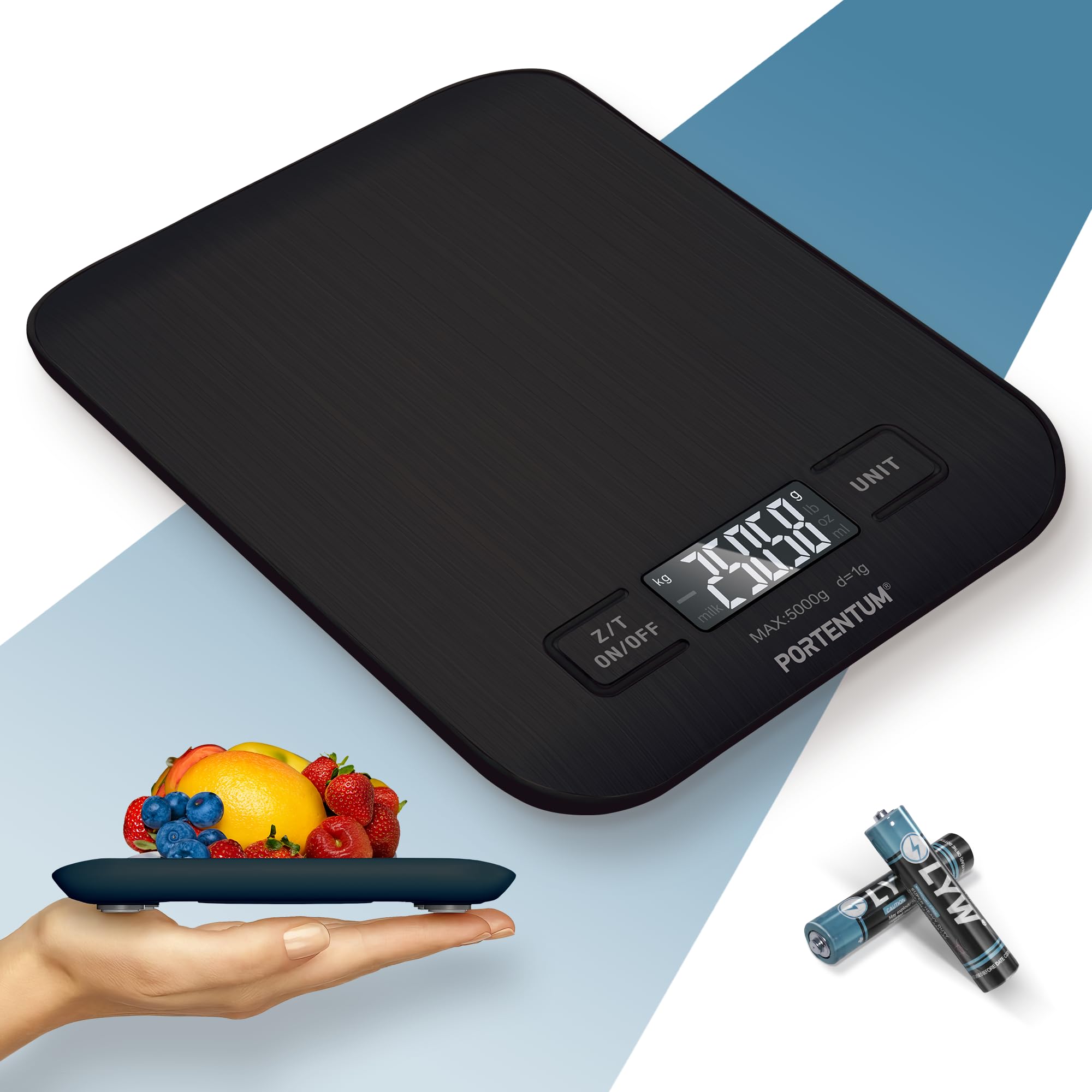 PORTENTUM Digital Kitchen Scales 5kg/11lb with Large LCD Display, Food Scales with Large Stainless Steel Weighing Surface, Liquid Measurement, High Precision up to 1 g, Tare Function, Black
