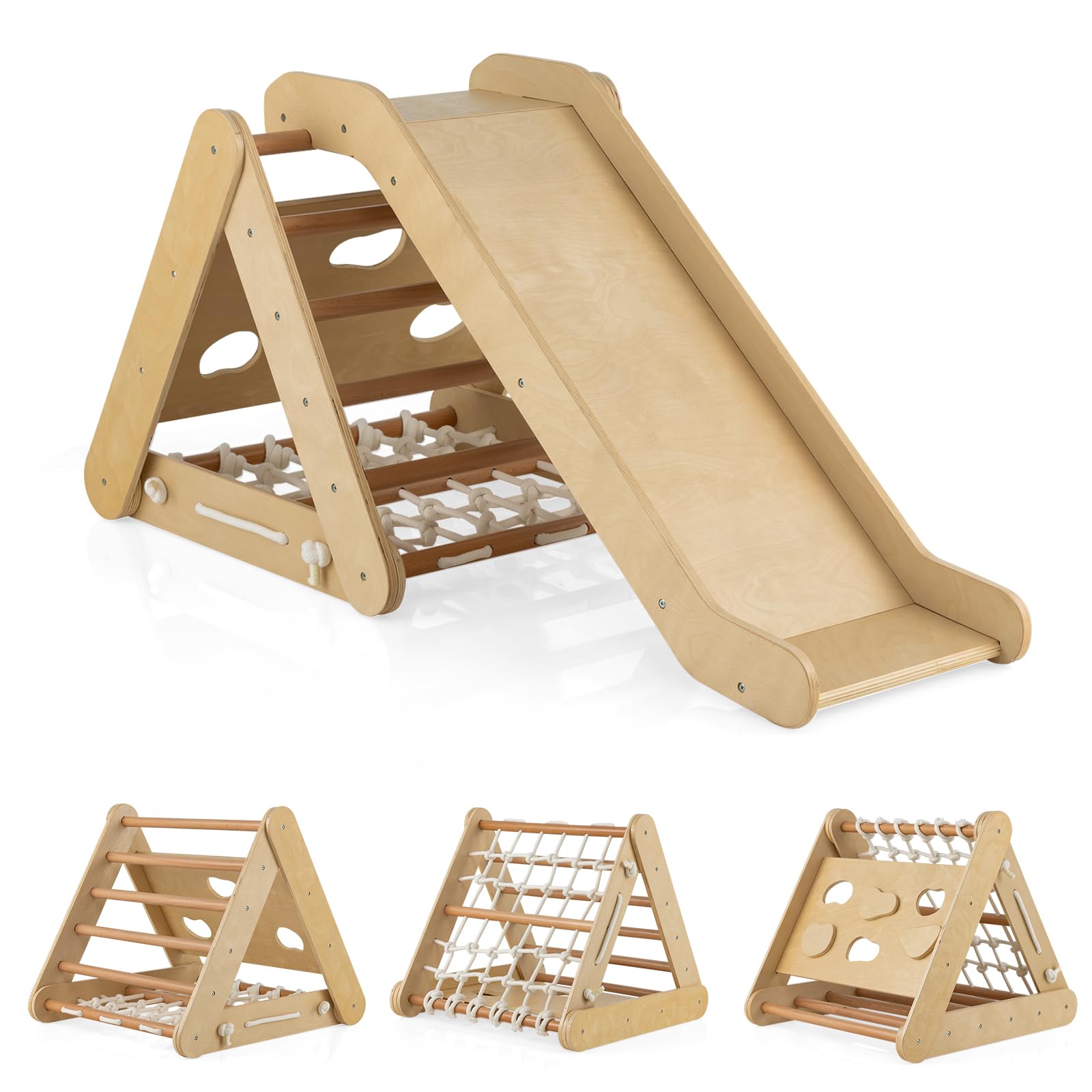 HOMASIS 4 in 1 Klettergerüste mit Rutsche, Kletterdreiecke für Kinder, Spielplatz aus Holz, Montessorie Kletterspielzeug für Kinder ab 1+ Jahren, Sprossendreieck Max. Kapazität 60 kg (Holzfarbe)