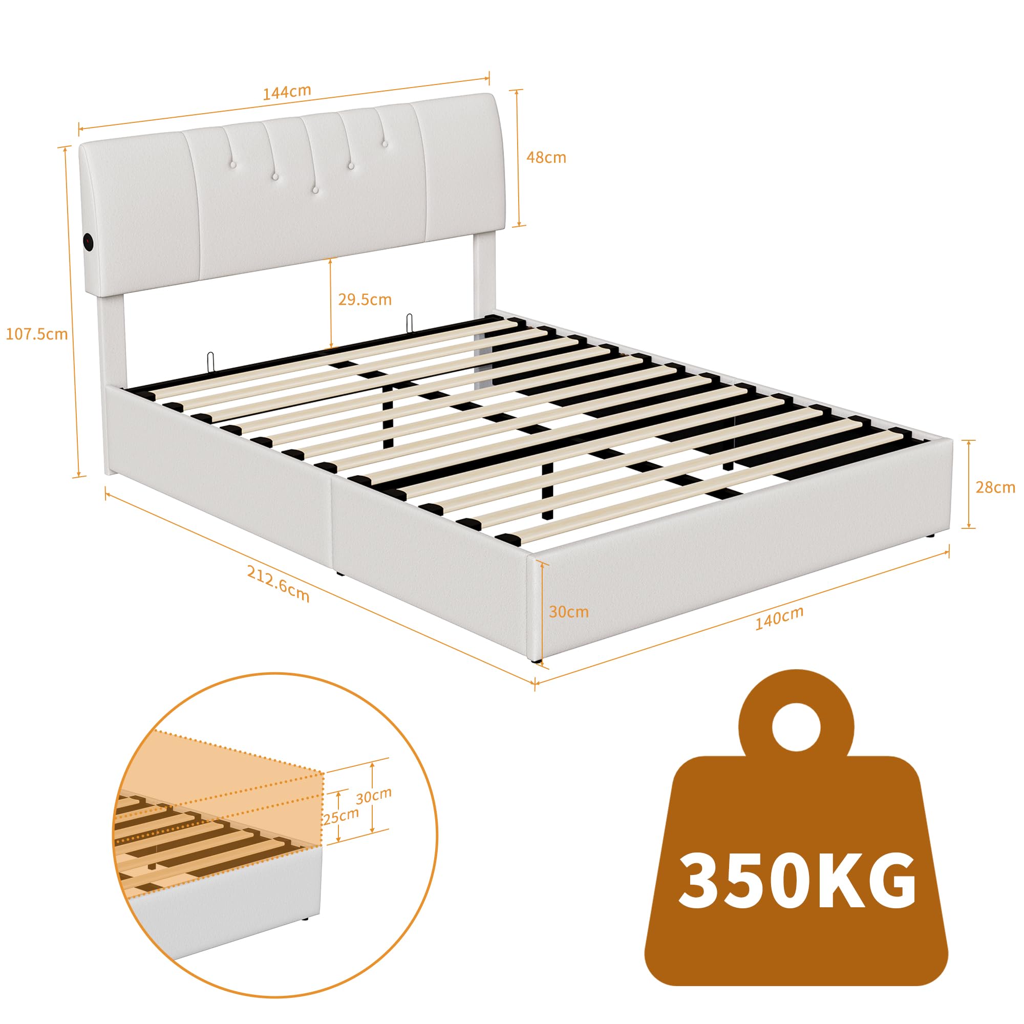 BRILVERDE Letto matrimoniale 140 x 190 con vano portaoggetti con USB, letto cassettiera con rete a doghe e testiera imbottita, per adulti e adolescenti, in pile Teddy (beige, 140 x 190 cm)