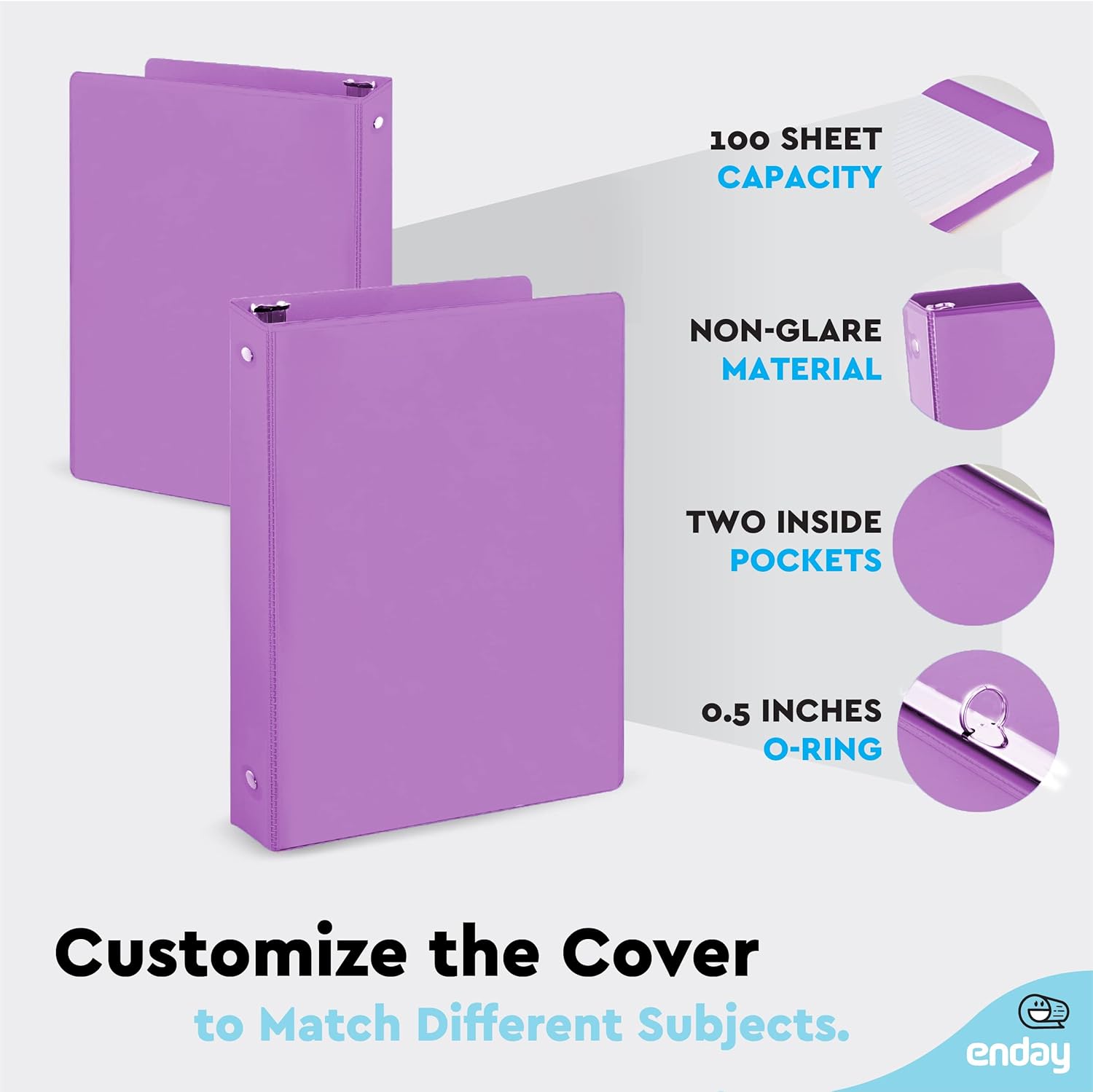 ½ Inch 3 Ring Binder .5 inch Purple Clear View Cover with 2 Inside Pockets, Colored School Supplies Office and Home Binders, 2 Pack – by Enday : Office Products