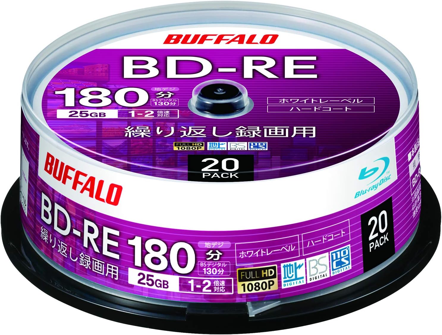 Buffalo RO-BE25V-020PW/N BD-RE Blu-Ray Discs, 25 GB, 20 Sheets, Spindle, Single Side, 1 - 2x Speed, White Label