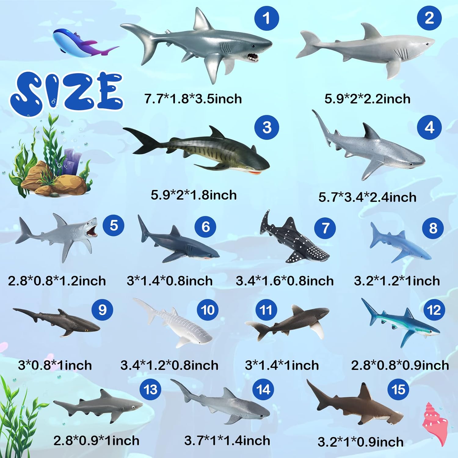 15 Pcs Plastic Shark Toys - Assorted Ocean Animal Figurines, Realistic Bath Toys, Sea Creature Figures, Marine Animals for Kids Birthday Party Favor, Cake Topper, Cognitive Toy