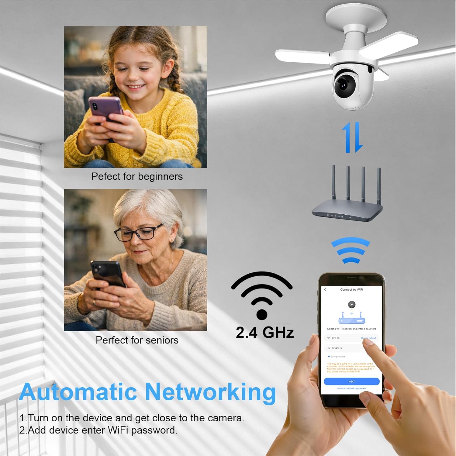 KERUI 2K Light Bulb Camera Outdoor Indoor, 360° Auto Tracking PTZ WiFi Security Camera with Dimmable LED Light, Color Night Vision, AI Motion Detection, Two-Way Audio, E27 Screw in Light Socket