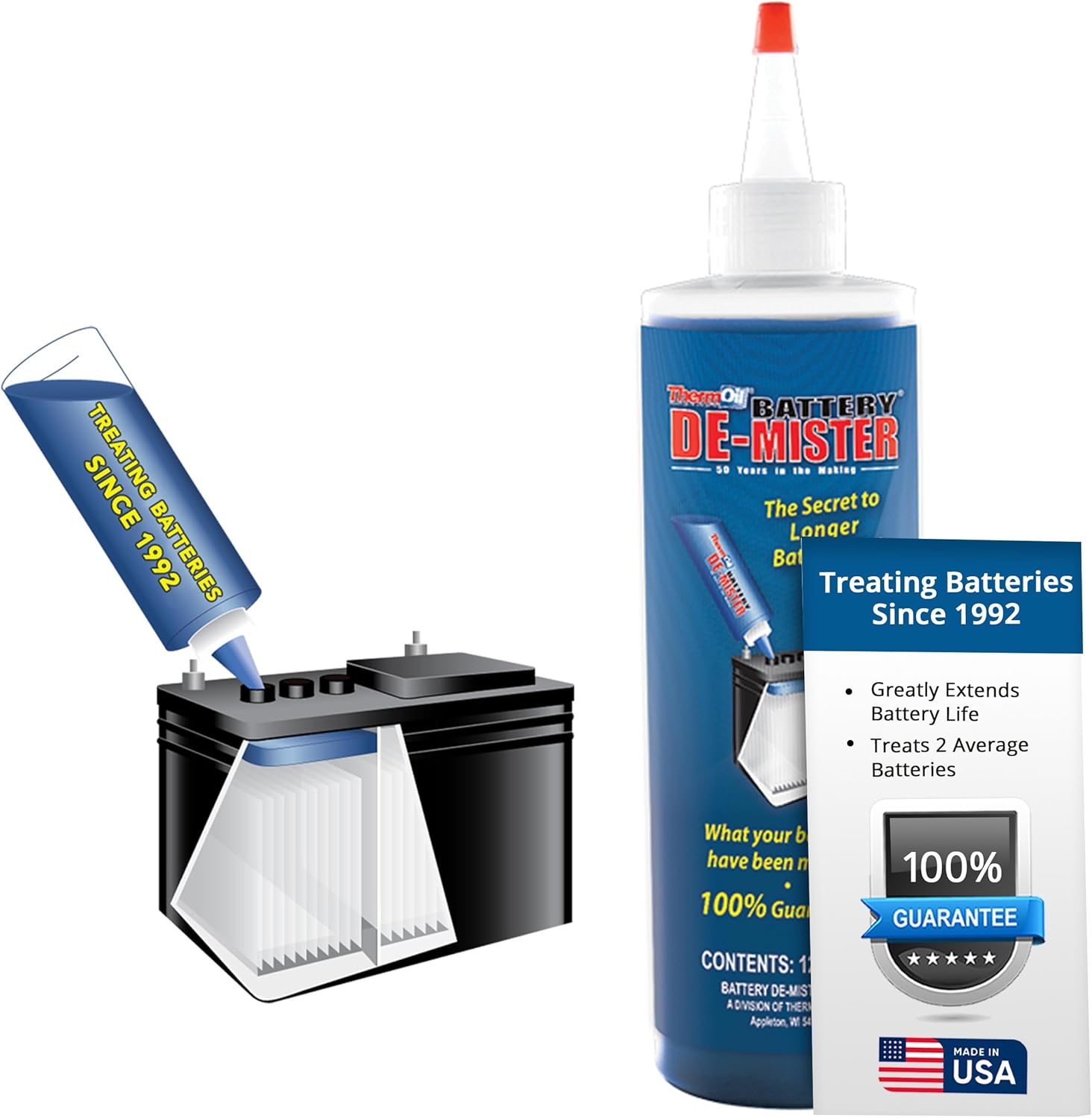 Thermoil® De-Mister Eliminates Golf Cart Corrosion Greatly Extends Battery Life Greatly Reduces Water Consumption & Toxic Fumes Treats One 6, 8, or 12 Volt Battery. Made in USA.
