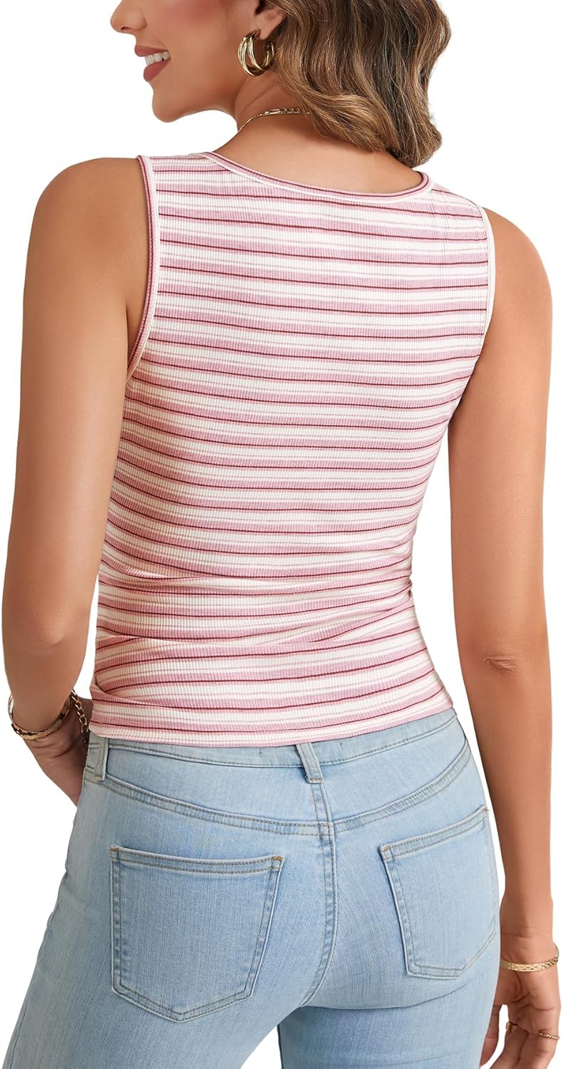 Rooscier Women's Striped Ribbed Knit Sleeveless Crew Neck Slim Fit Fashion Cami Tank Top - Image 5