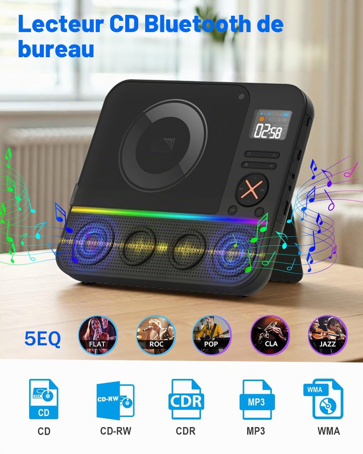 Lecteur CD Portable Bluetooth, Boombox Lecteur CD de Bureau avec Radio FM Bluetooth et écran LED RVB Double Haut-Parleur Intégré Compatible USB/AUX pour la Maison Lecteurs CD Portable