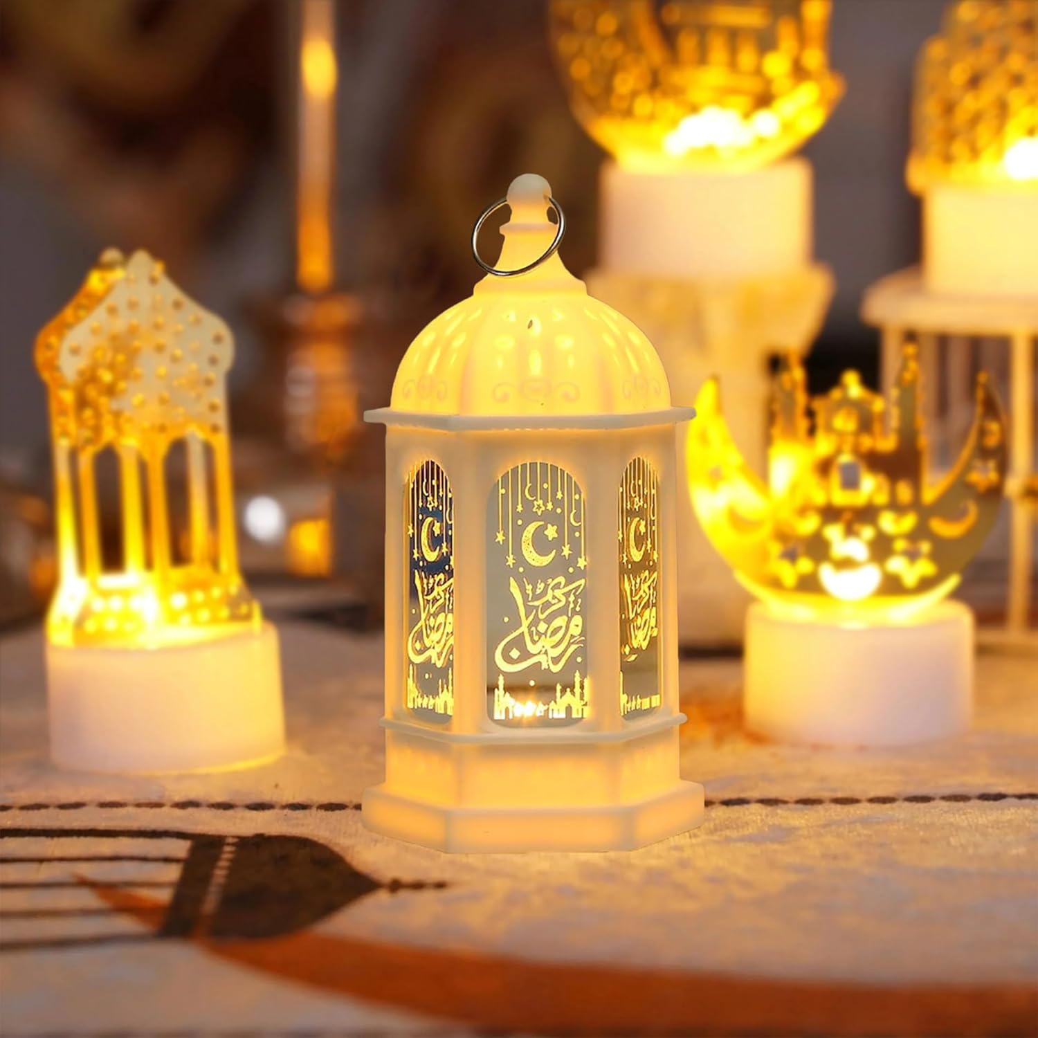 LED Ramadan Lantern Decor, Moon Star Hollow Lantern with Hanging Ring, Crescent Moon Tabletop Light for Home Decoration, Festive Ramadan Decor, Eid Mubarak Gift 5.2 x 2.44 Inch-4