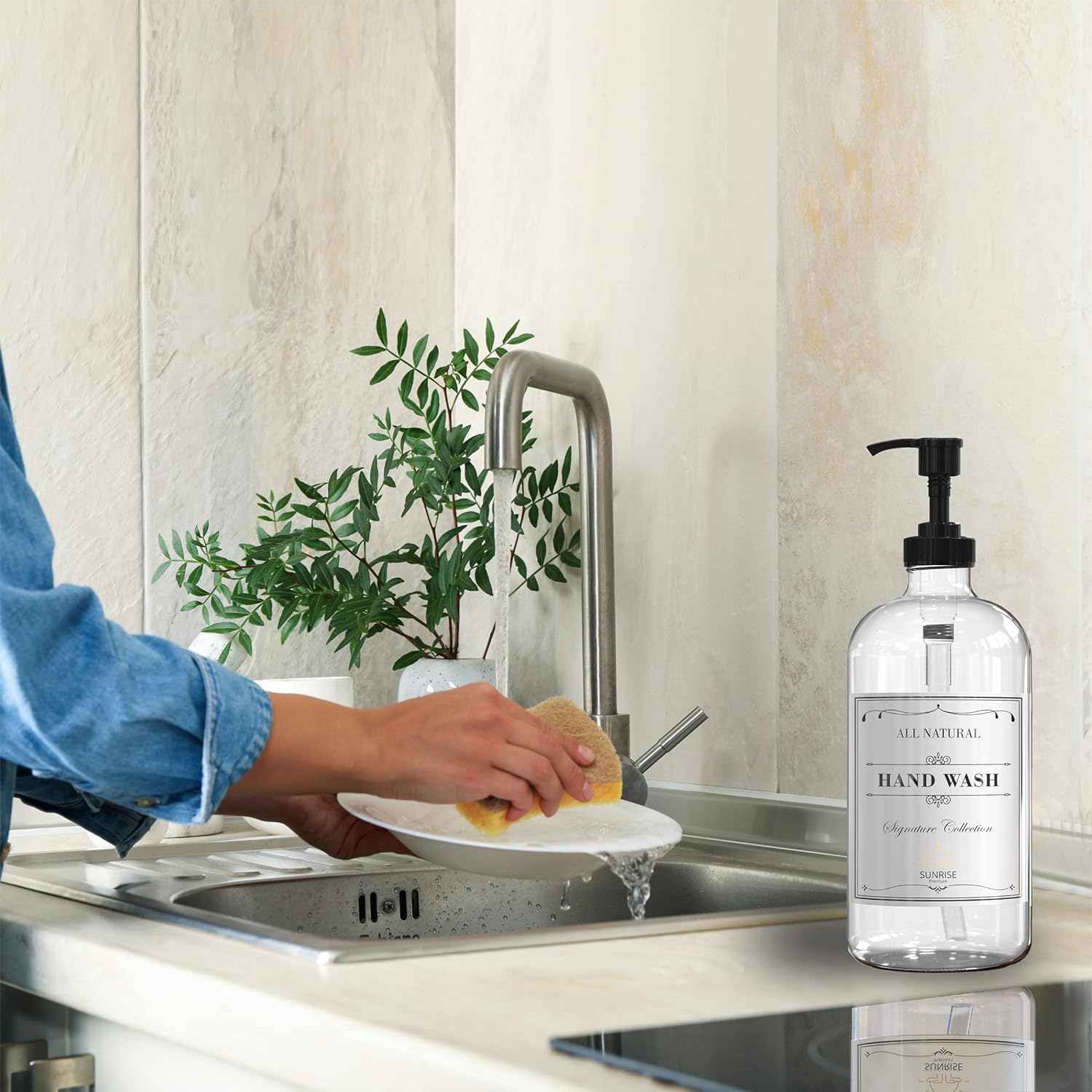 Sunrise Premium CGPP4 - Dispenser di sapone in vetro trasparente con pompa in plastica, dispenser per sapone per mani e piatti, per bagno, con 4 etichette impermeabili, confezione da 4