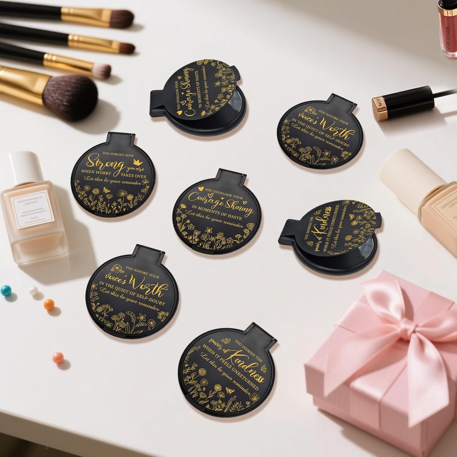 100Pcs Inspirational Compact Mirror Bulk Small Pocket Mirror with Positive Saying Birthday Gifts for Women Travel Portable Makeup Mirrors Thanksgiving Christmas for Coworker Employee Staff