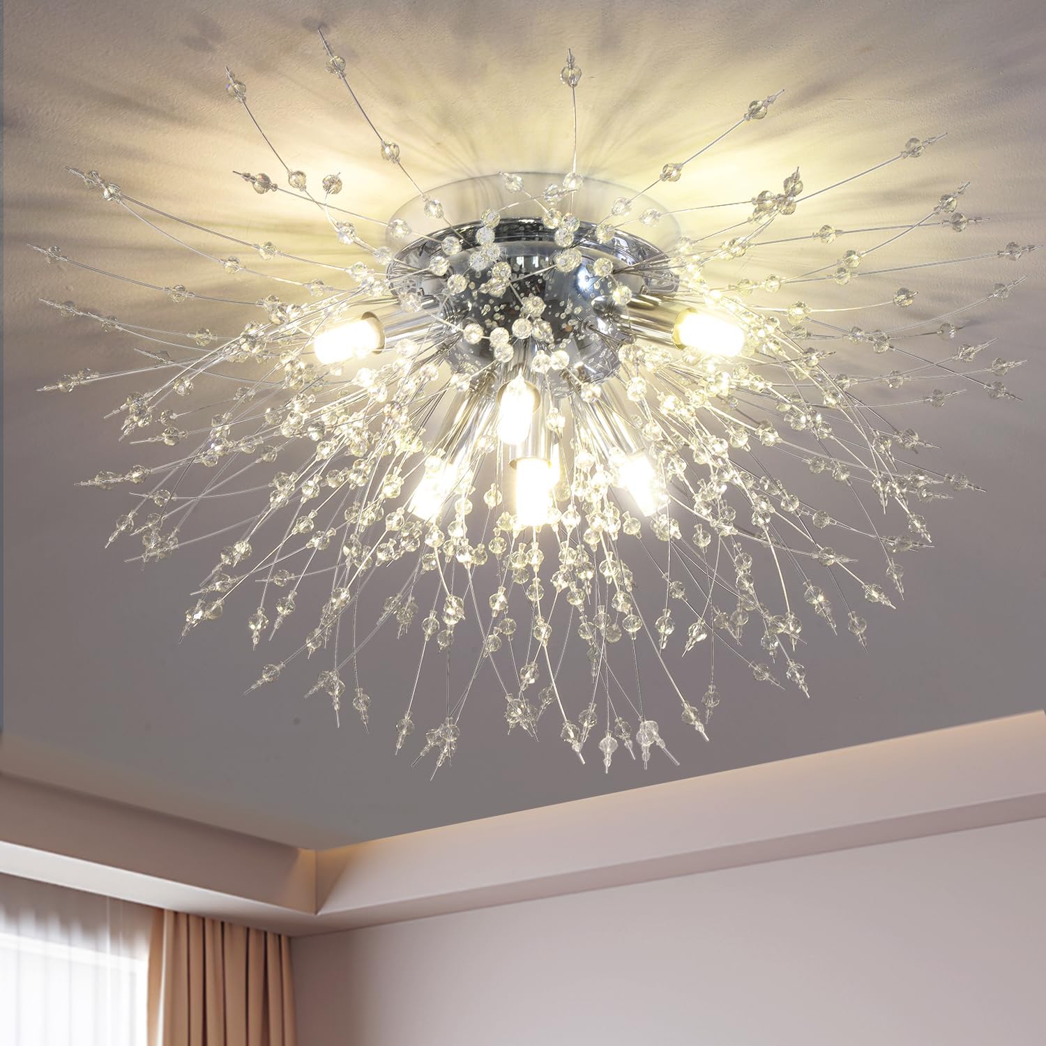 Chandeliers Crystal Flush Mount Ceiling Light Modern Sputnik Firework Close to Ceiling Lamp LED Flower Ceiling Light Fixtures for Dining Room Bedroom Kitchen Island Entryway Foyer 7 G9 Bulbs Included