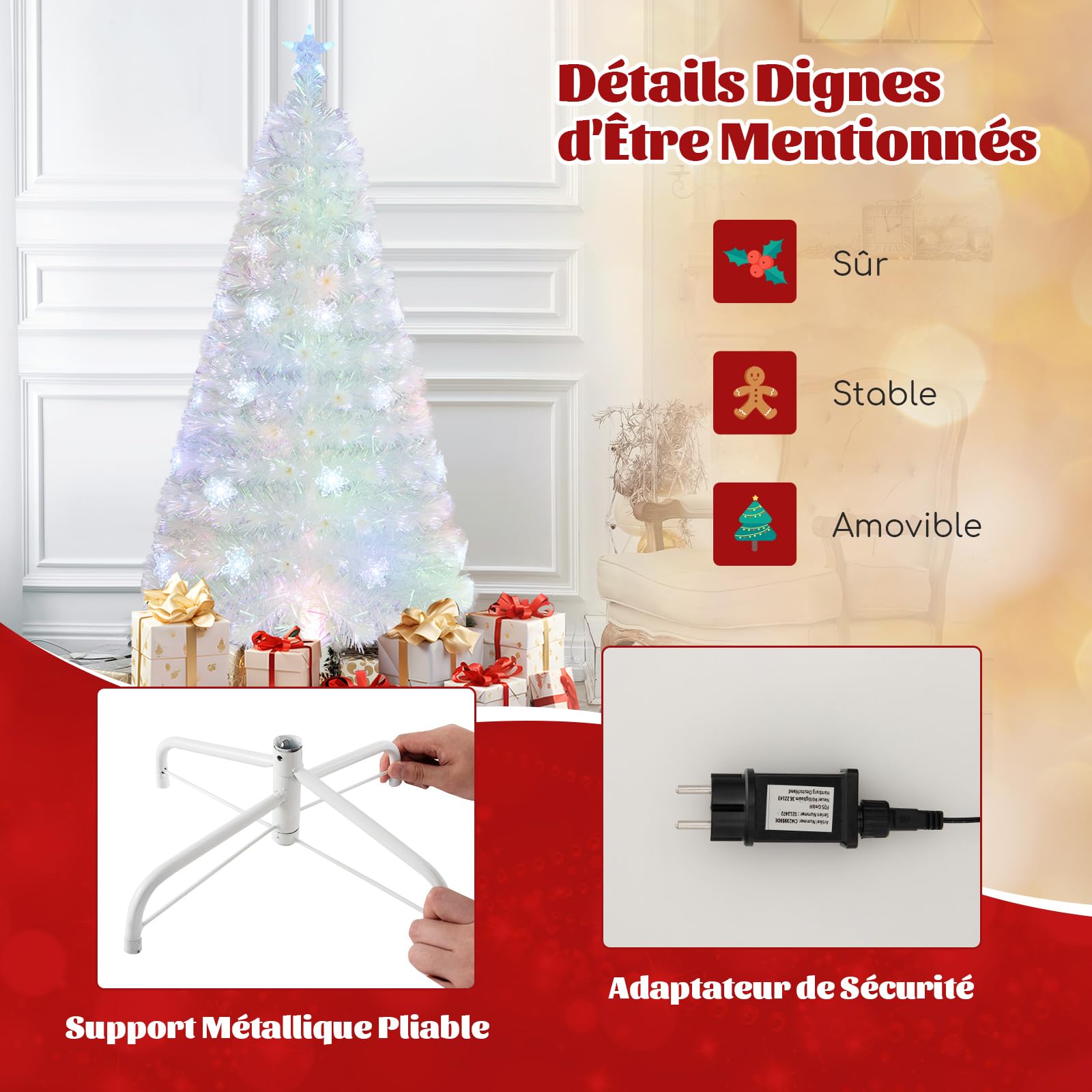 COSTWAY Sapin de Noël Artificiel à Fibre Optique Lumineux LED 120 cm, Blanc avec Feuilles Irisées, Lumières LED Flocon de Neige Multicolores, Lumière Etoilée Supérieure, pour Bureau, Maison