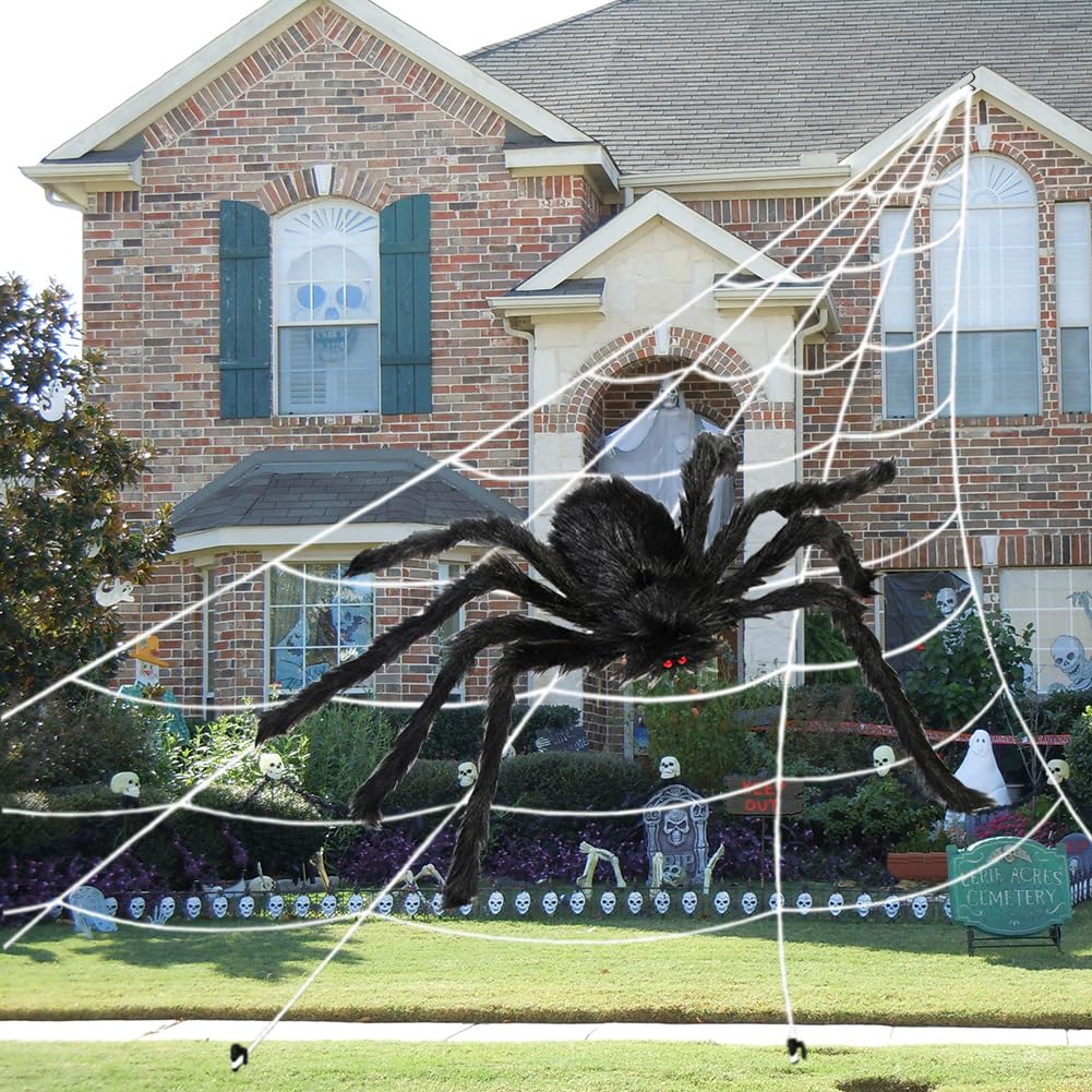 200" Halloween Spider Web + 50" Giant Spider Decorations Black Fake Spider with Triangular Huge Spider Web for Indoor Outdoor Halloween Decorations Yard Garden Home Costumes Party Haunted House Decor